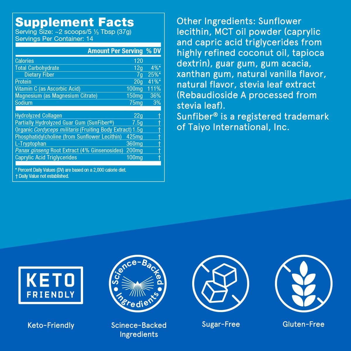 Vanilla Bean Energy Collagen Protein Powder - 18.3 oz Caffeine-Free Blend with Vitamins & Antioxidants