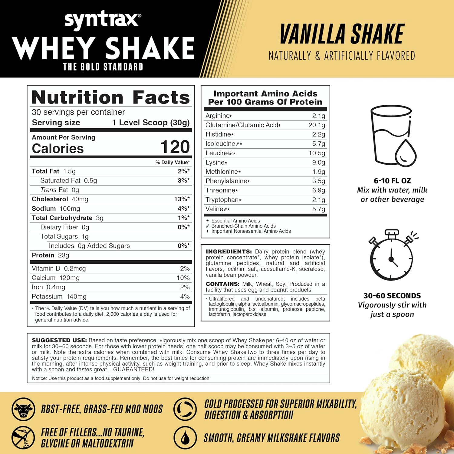 Vanilla Bean Specks Whey Protein Powder, 2 lbs - Cold Filtered & Undenatured Protein Blend by Syntrax Nutrition
