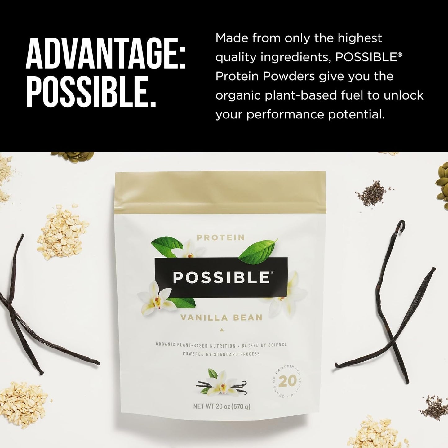 Vanilla Bean Vegan Protein Powder - 20g Plant-Based Protein Mix - Non-GMO, Gluten-Free - 3.5g BCAAs - 9 Essential Amino Acids - 15-Day Supply