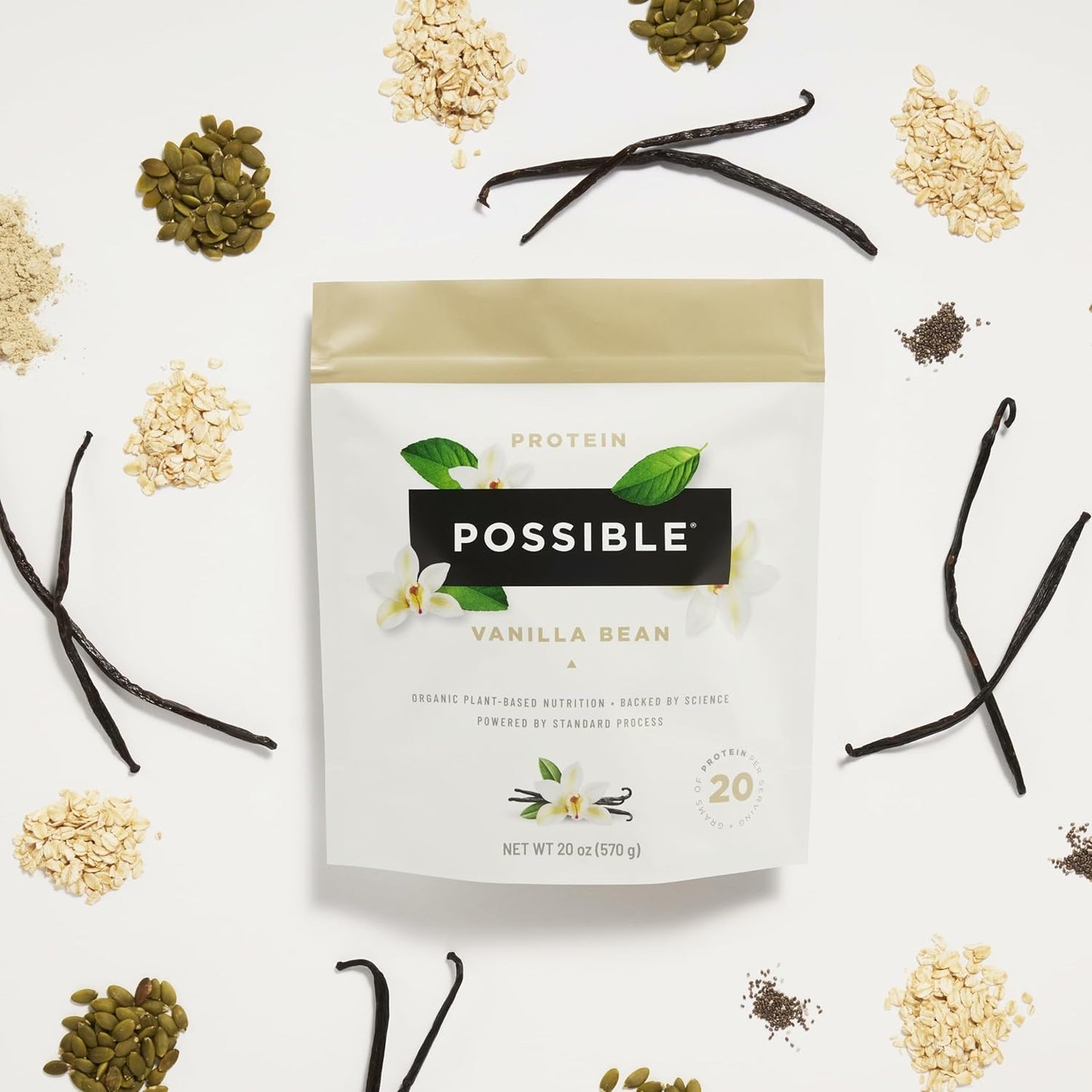 Vanilla Bean Vegan Protein Powder - 20g Plant-Based Protein Mix - Non-GMO, Gluten-Free - 3.5g BCAAs - 9 Essential Amino Acids - 15-Day Supply