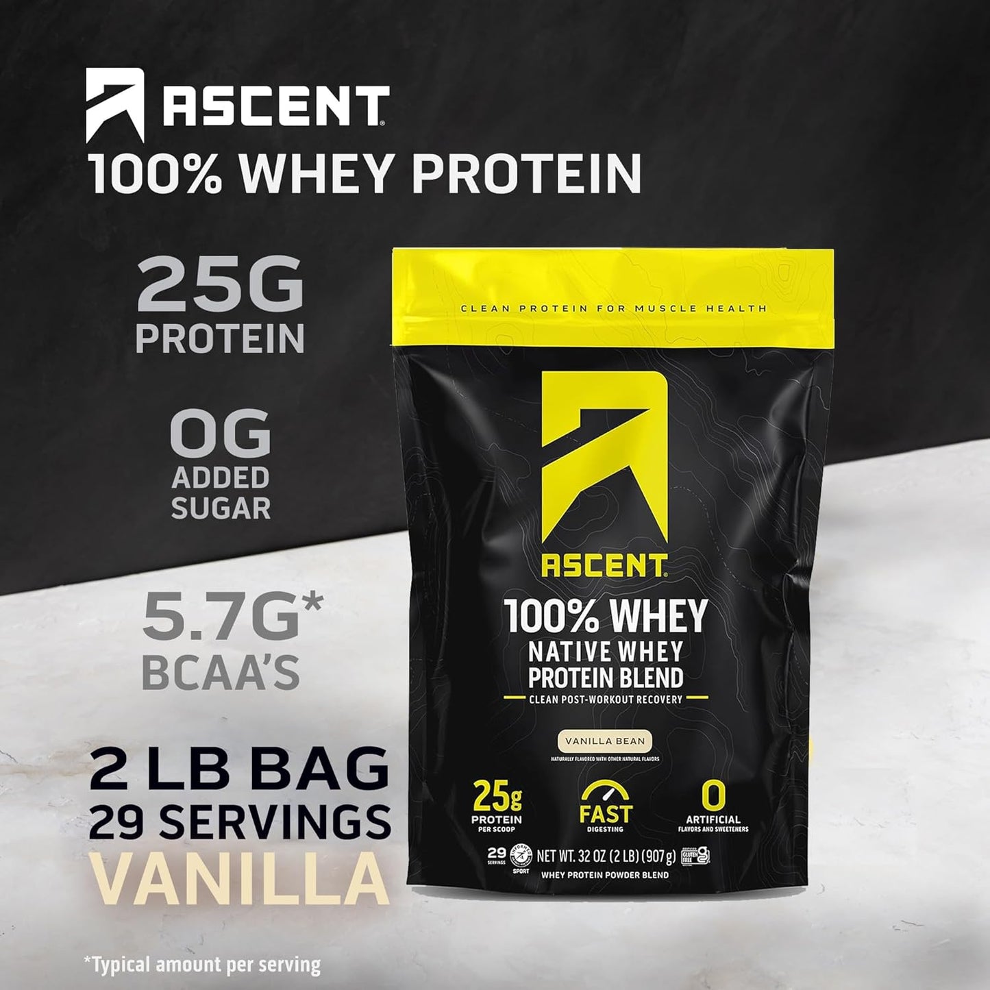 Vanilla Bean Whey Protein Isolate Powder - 100% Ascent Whey, Zero Artificial Ingredients, Gluten & Soy Free, 5.5g BCAA, 2.6g Leucine, Essential Amino Acids - 2 lb
