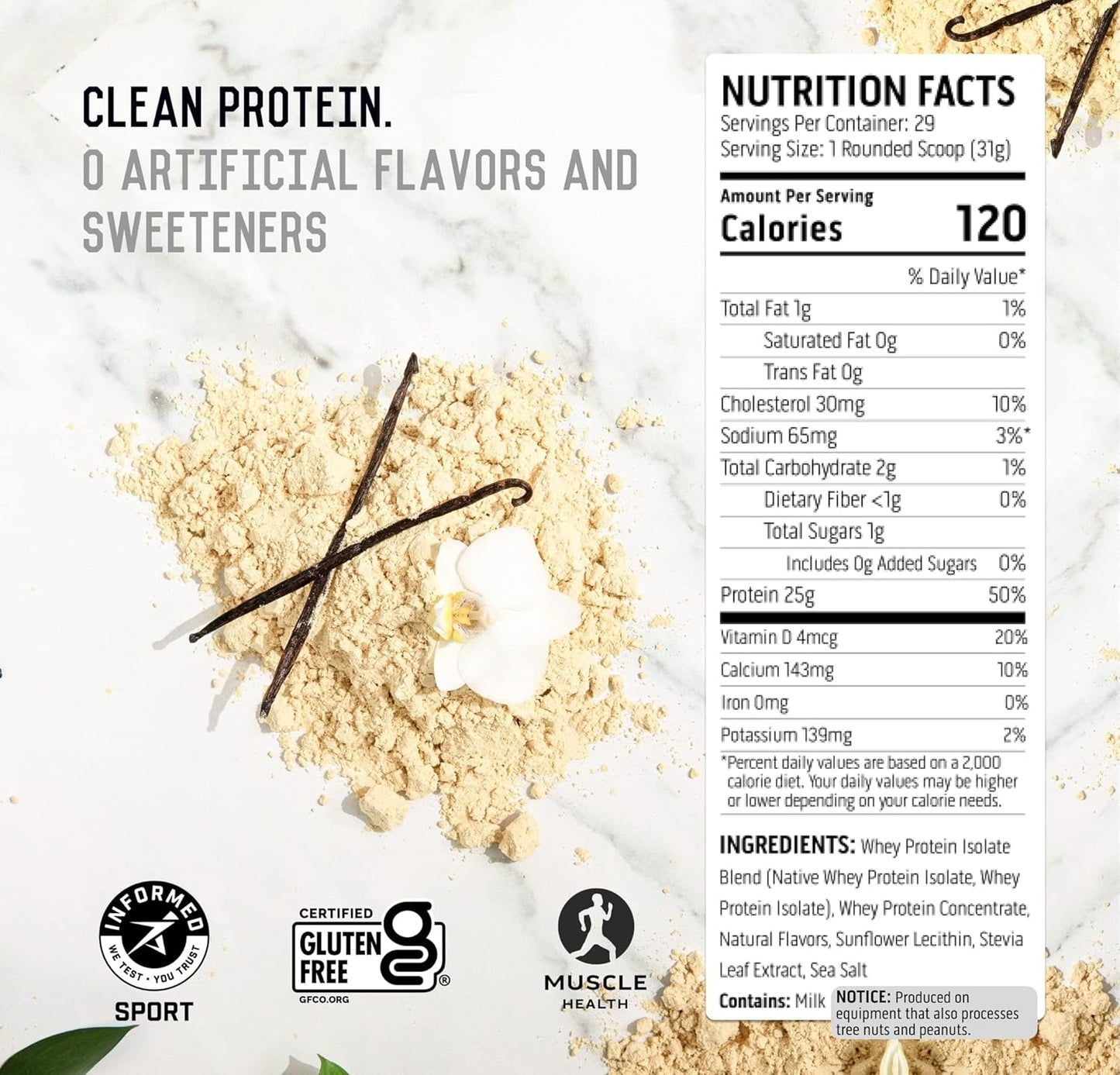 Vanilla Bean Whey Protein Isolate Powder - 100% Ascent Whey, Zero Artificial Ingredients, Gluten & Soy Free, 5.5g BCAA, 2.6g Leucine, Essential Amino Acids - 2 lb