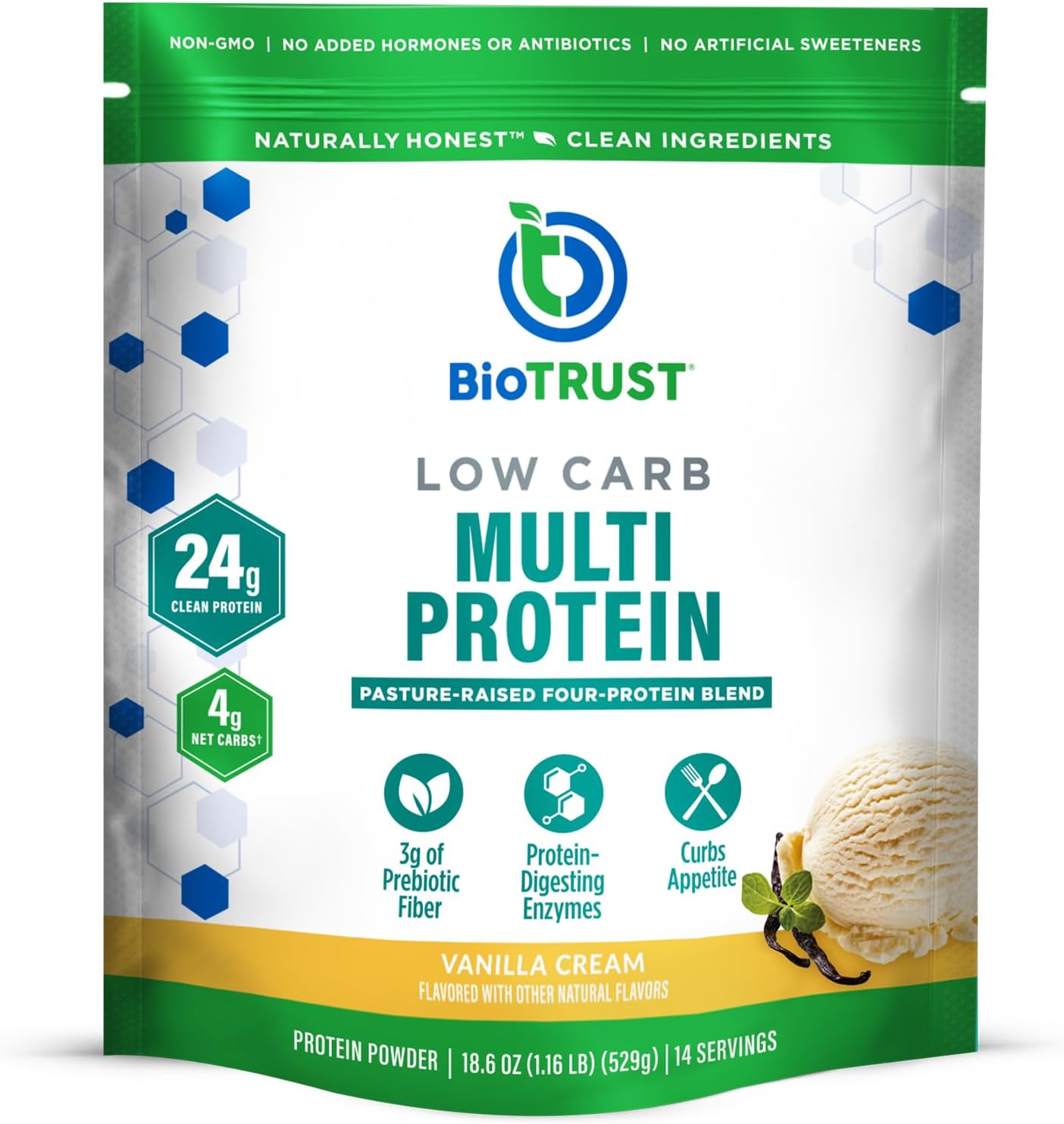 Vanilla BioTrust Low Carb Protein Powder: Grass-Fed Whey & Casein Blend, Non-GMO, Soy-Free, Gluten-Free