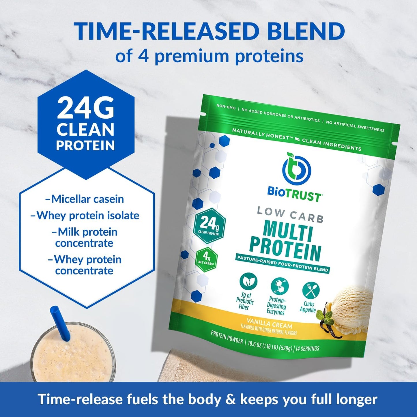 Vanilla BioTrust Low Carb Protein Powder: Grass-Fed Whey & Casein Blend, Non-GMO, Soy-Free, Gluten-Free