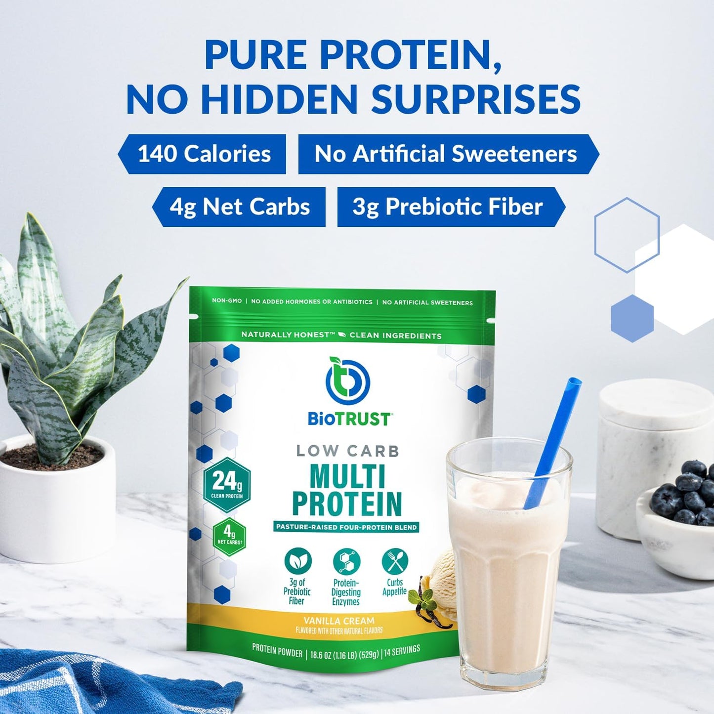 Vanilla BioTrust Low Carb Protein Powder: Grass-Fed Whey & Casein Blend, Non-GMO, Soy-Free, Gluten-Free