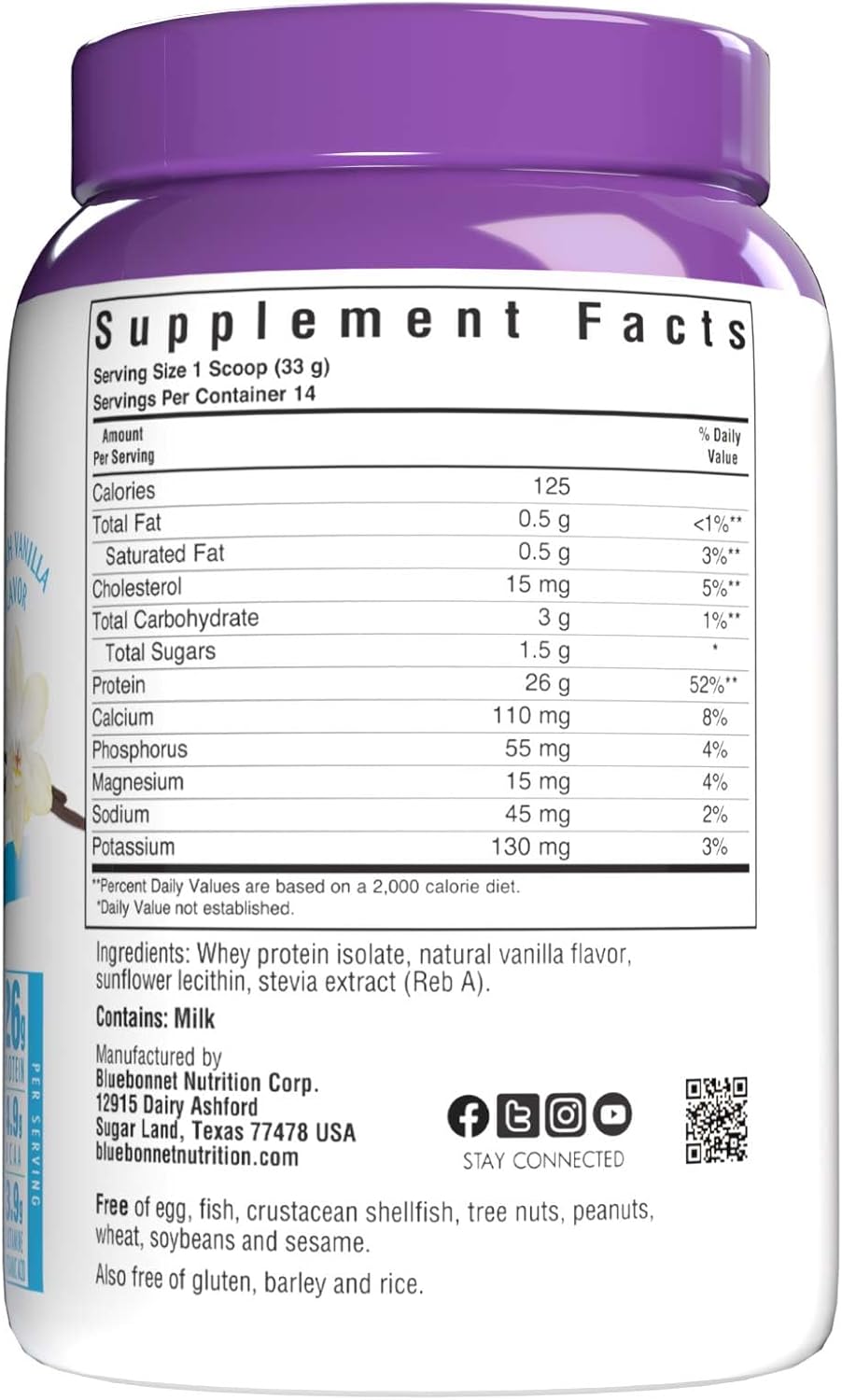 Vanilla Bluebonnet Nutrition Whey Protein Isolate Powder - 1 lb (14 Servings)