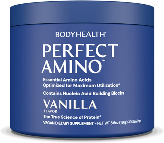 Vanilla BodyHealth PerfectAmino Powder: BCAA and EAA Energy Drink for Lean Muscle and Recovery - Pre and Post Workout Supplement for Men and Women - 30 Servings