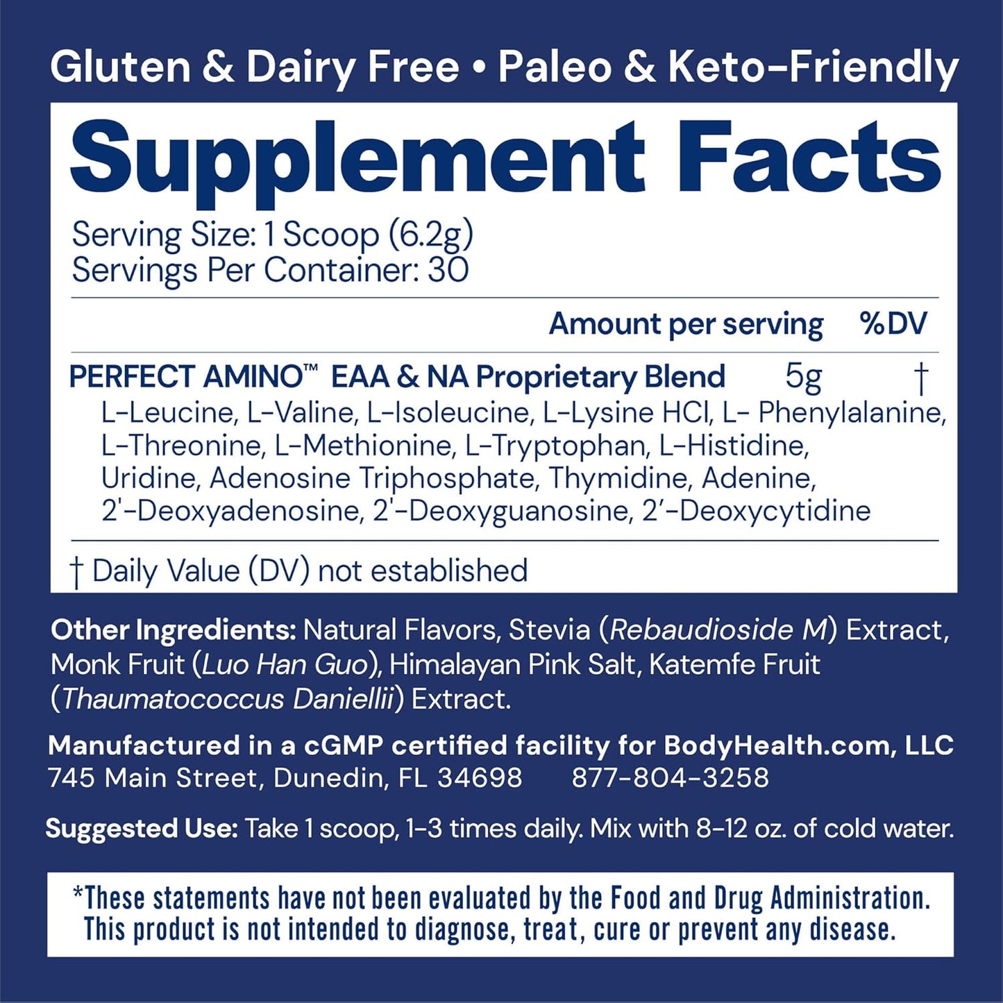 Vanilla BodyHealth PerfectAmino Powder: BCAA and EAA Energy Drink for Lean Muscle and Recovery - Pre and Post Workout Supplement for Men and Women - 30 Servings
