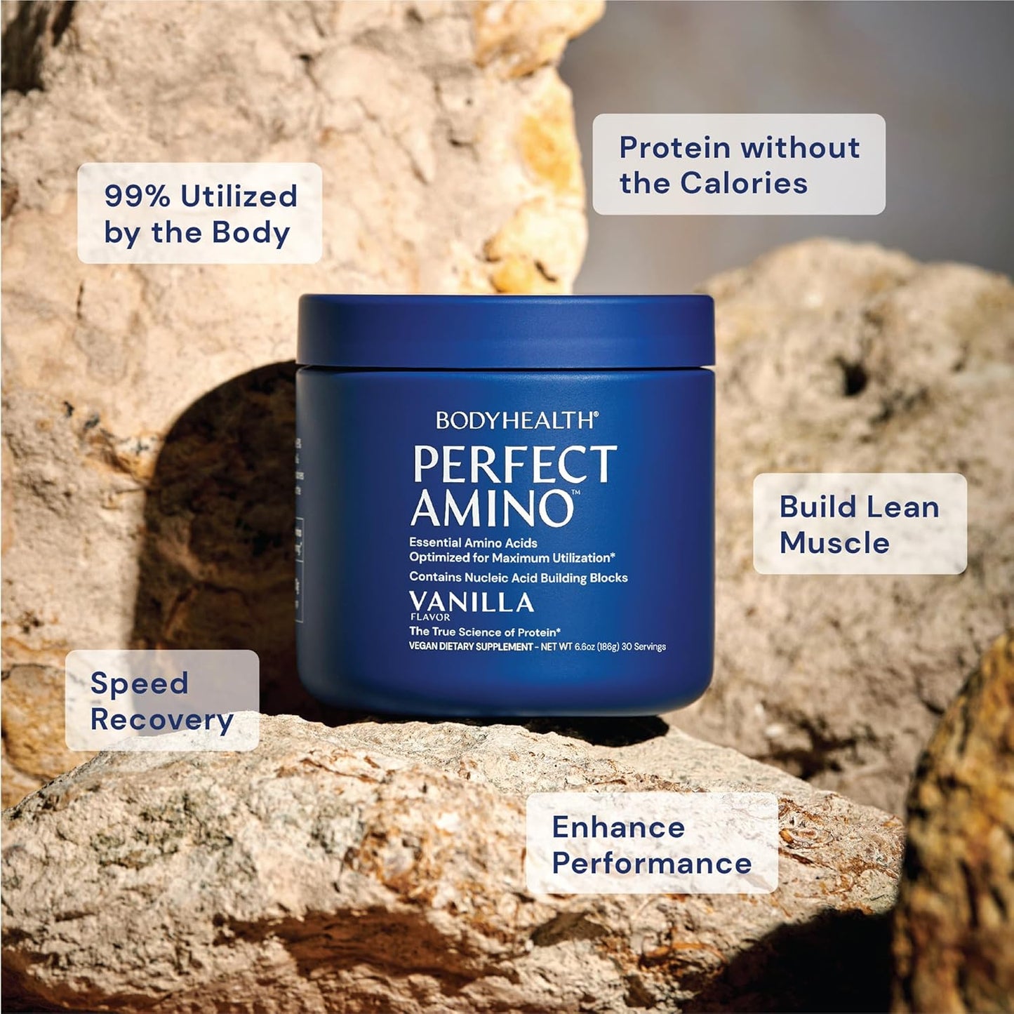 Vanilla BodyHealth PerfectAmino Powder: BCAA and EAA Energy Drink for Lean Muscle and Recovery - Pre and Post Workout Supplement for Men and Women - 30 Servings