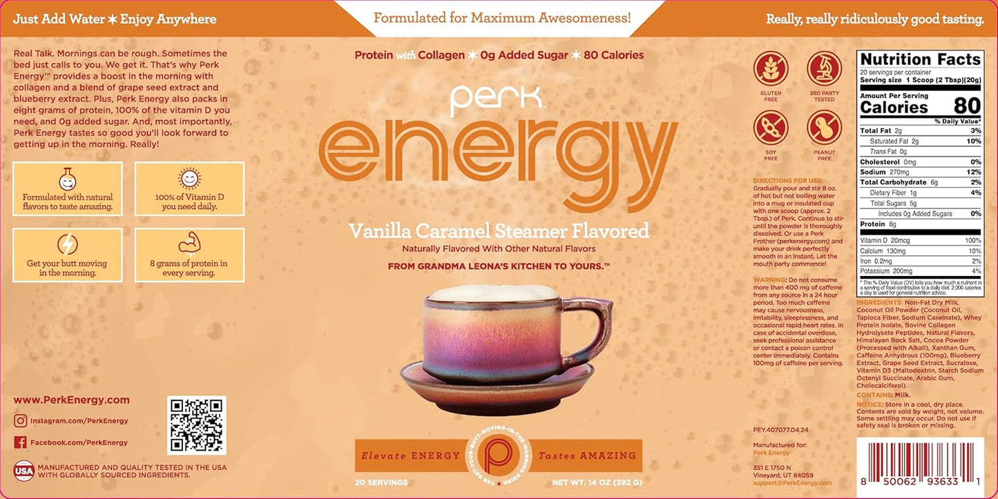Vanilla Caramel Steamer Drink Powder - 20 Servings, Gluten-Free & Peanut-Free
