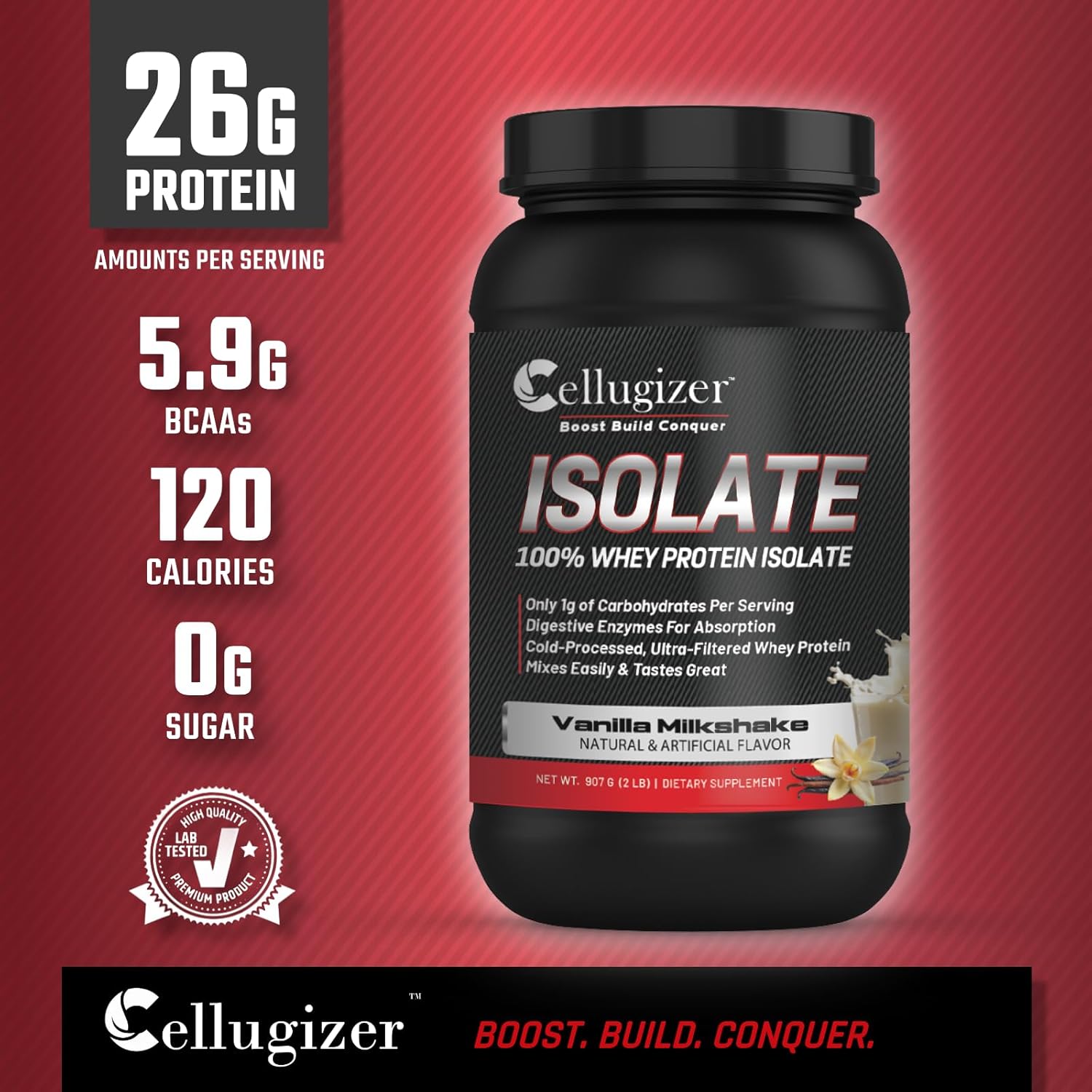 Vanilla Cellugizer 100% Whey Isolate Protein Powder - 2lb, 26g Protein, Fast Digesting, 0g Sugar, Low Carb