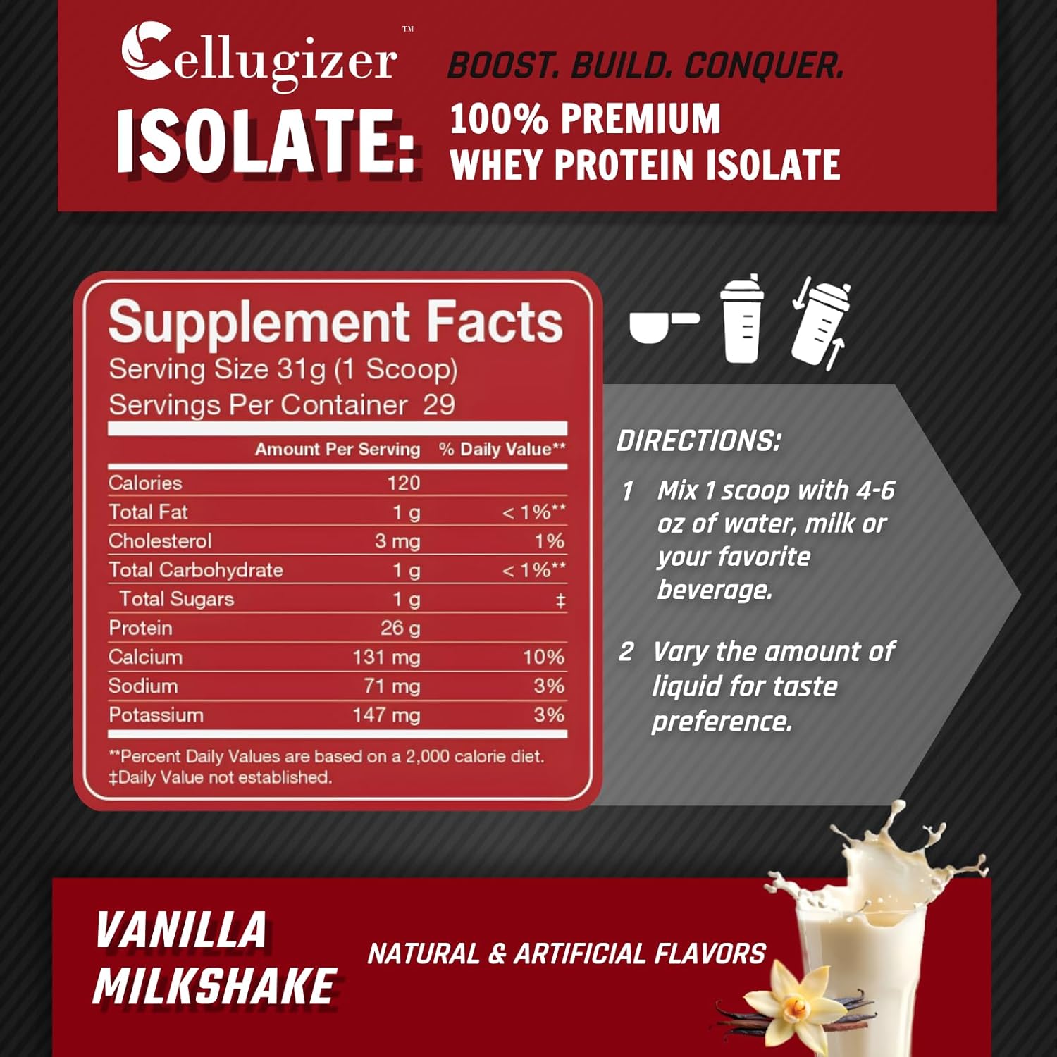 Vanilla Cellugizer 100% Whey Isolate Protein Powder - 2lb, 26g Protein, Fast Digesting, 0g Sugar, Low Carb