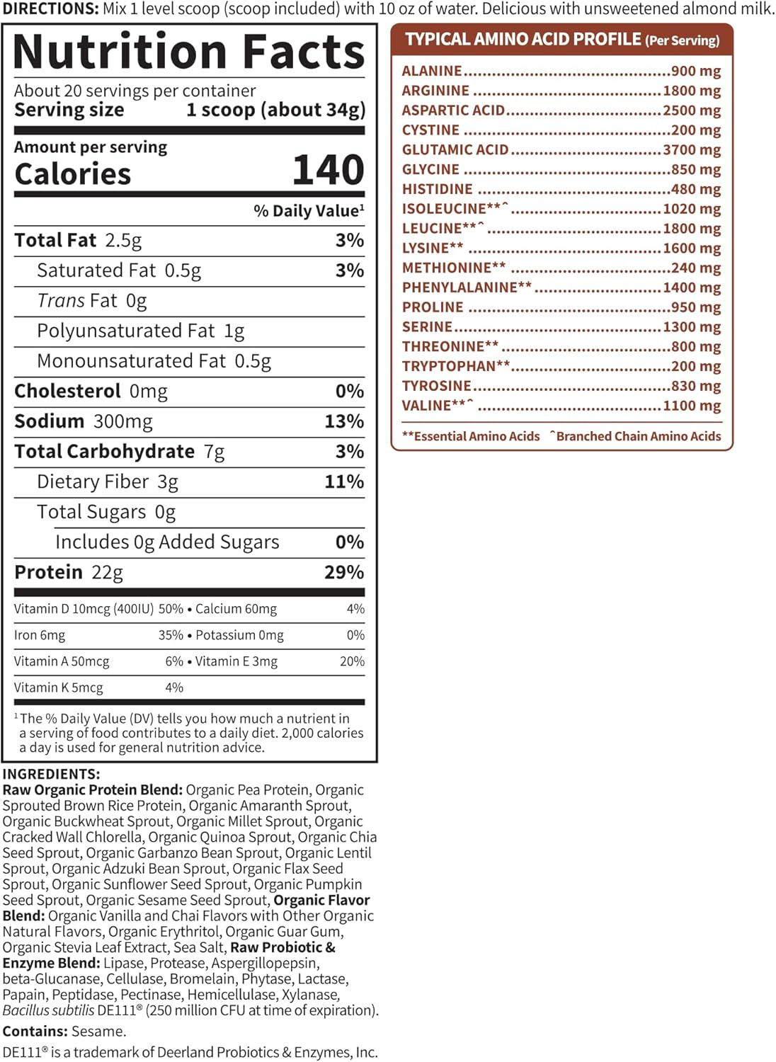 Vanilla Chai Organic Protein Powder - Vegan & Gluten Free, Plant Based Protein Shake with Probiotics, Enzymes, BCAAs - 20 Servings