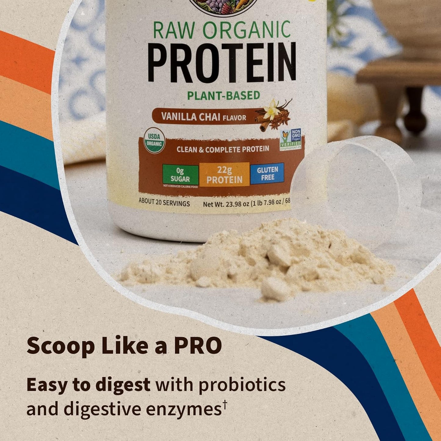 Vanilla Chai Organic Protein Powder - Vegan & Gluten Free, Plant Based Protein Shake with Probiotics, Enzymes, BCAAs - 20 Servings