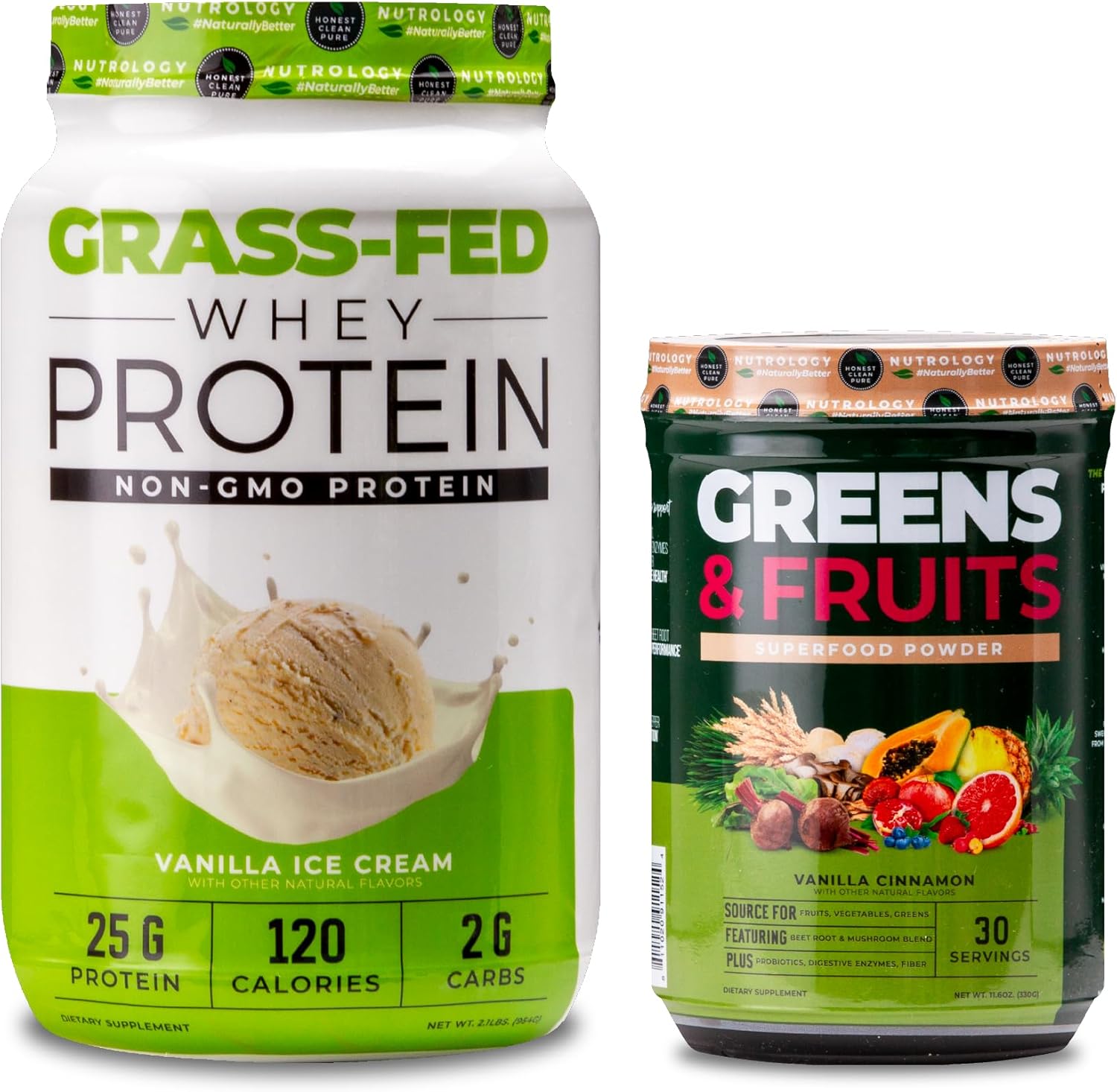 Vanilla Cinnamon Greens & Fruits Powder + Grass Fed Whey Protein Powder Bundle - 58 Servings