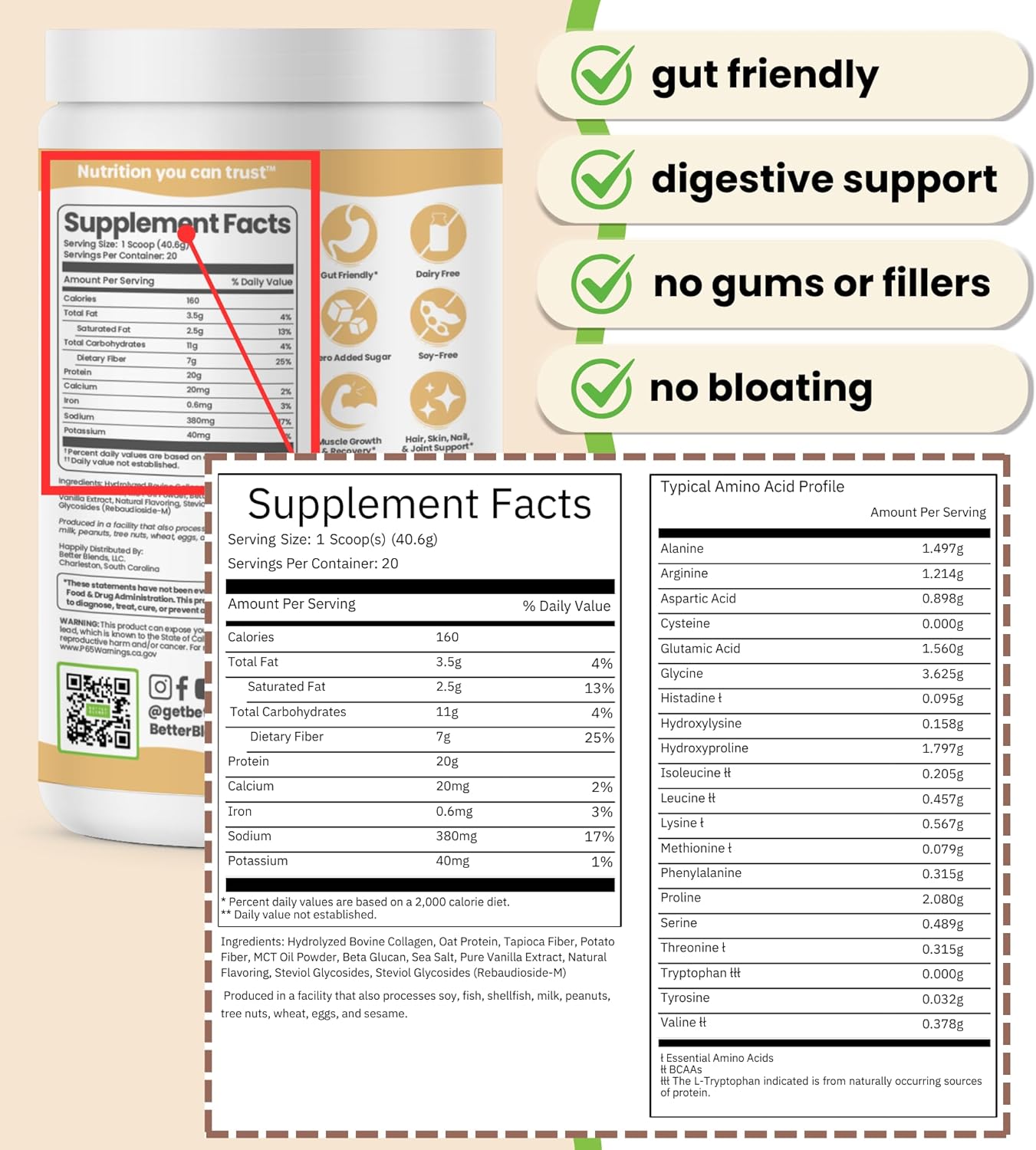 Vanilla Collagen Peptides & Oat Protein Powder - Low FODMAP, Dairy-Free, Non-Bloating (20 Servings)