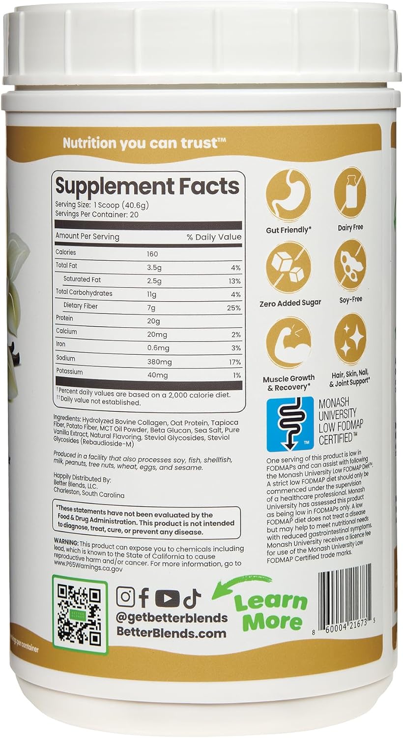Vanilla Collagen Peptides & Oat Protein Powder - Low FODMAP, Dairy-Free, Non-Bloating (20 Servings)