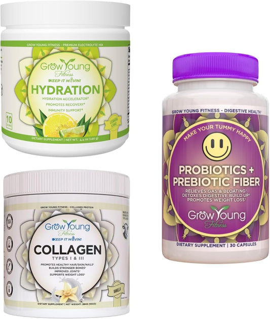 Vanilla Collagen Powder + Lemon Lime Hydration + Probiotic Bundle for Energy, Digestive Health, and Strong Bones - 12.4oz Collagen + 30-Pack Hydration Powder + 30-Day Supply - Grow Young Fitness