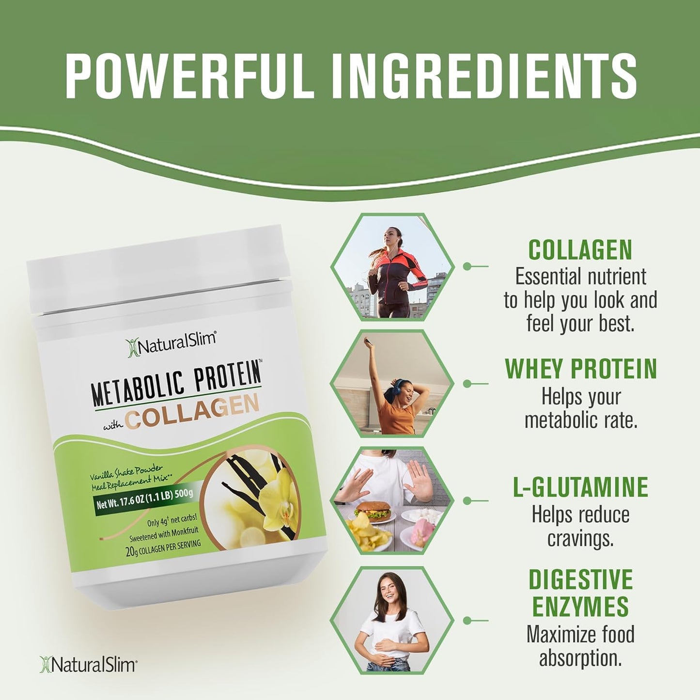 Vanilla Collagen Protein Powder for Hair, Skin, Bone, and Metabolism - Low Carb Meal Replacement Shake Mix - 17.6 oz