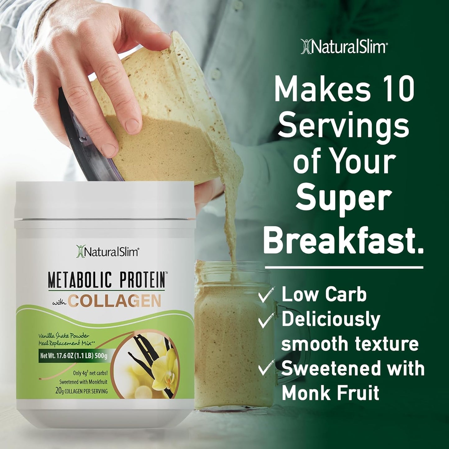 Vanilla Collagen Protein Powder for Hair, Skin, Bone, and Metabolism - Low Carb Meal Replacement Shake Mix - 17.6 oz