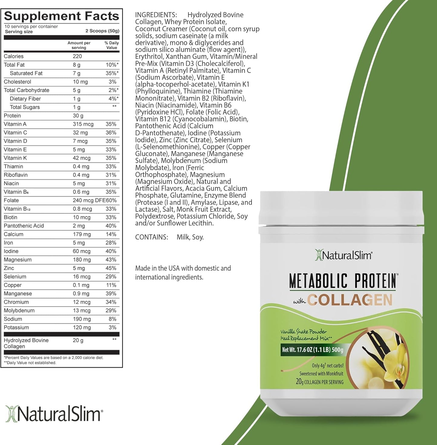 Vanilla Collagen Protein Powder for Hair, Skin, Bone, and Metabolism - Low Carb Meal Replacement Shake Mix - 17.6 oz