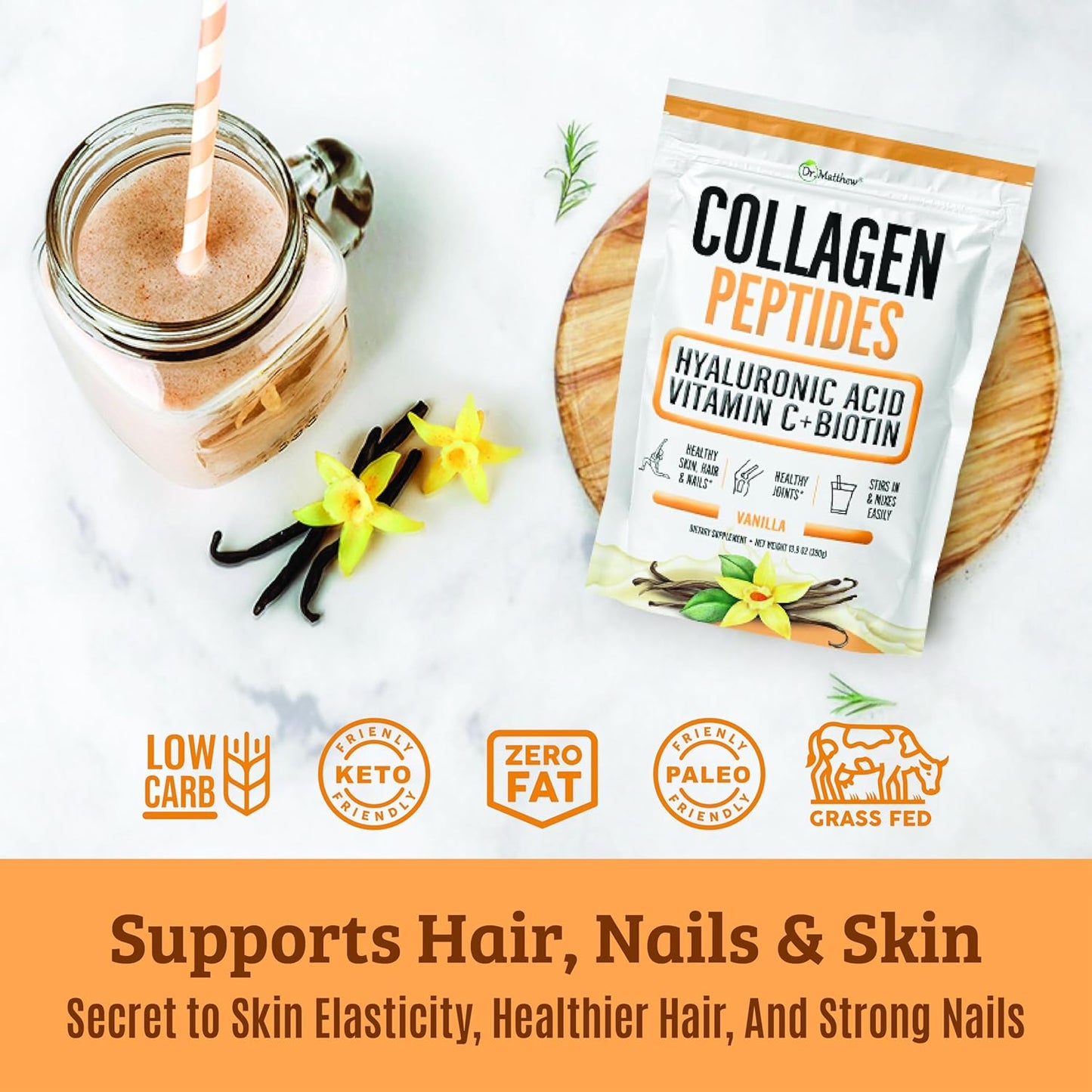 Vanilla Collagen Protein Powder with Hyaluronic Acid, Vitamin C, Biotin - Hair Skin Nails Joint Support - Keto-Friendly, Type 1 & 3