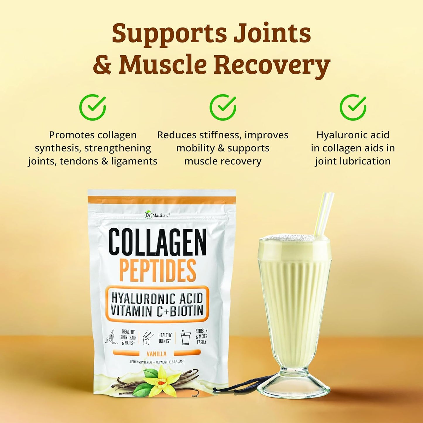 Vanilla Collagen Protein Powder with Hyaluronic Acid, Vitamin C, Biotin - Hair Skin Nails Joint Support - Keto-Friendly, Type 1 & 3