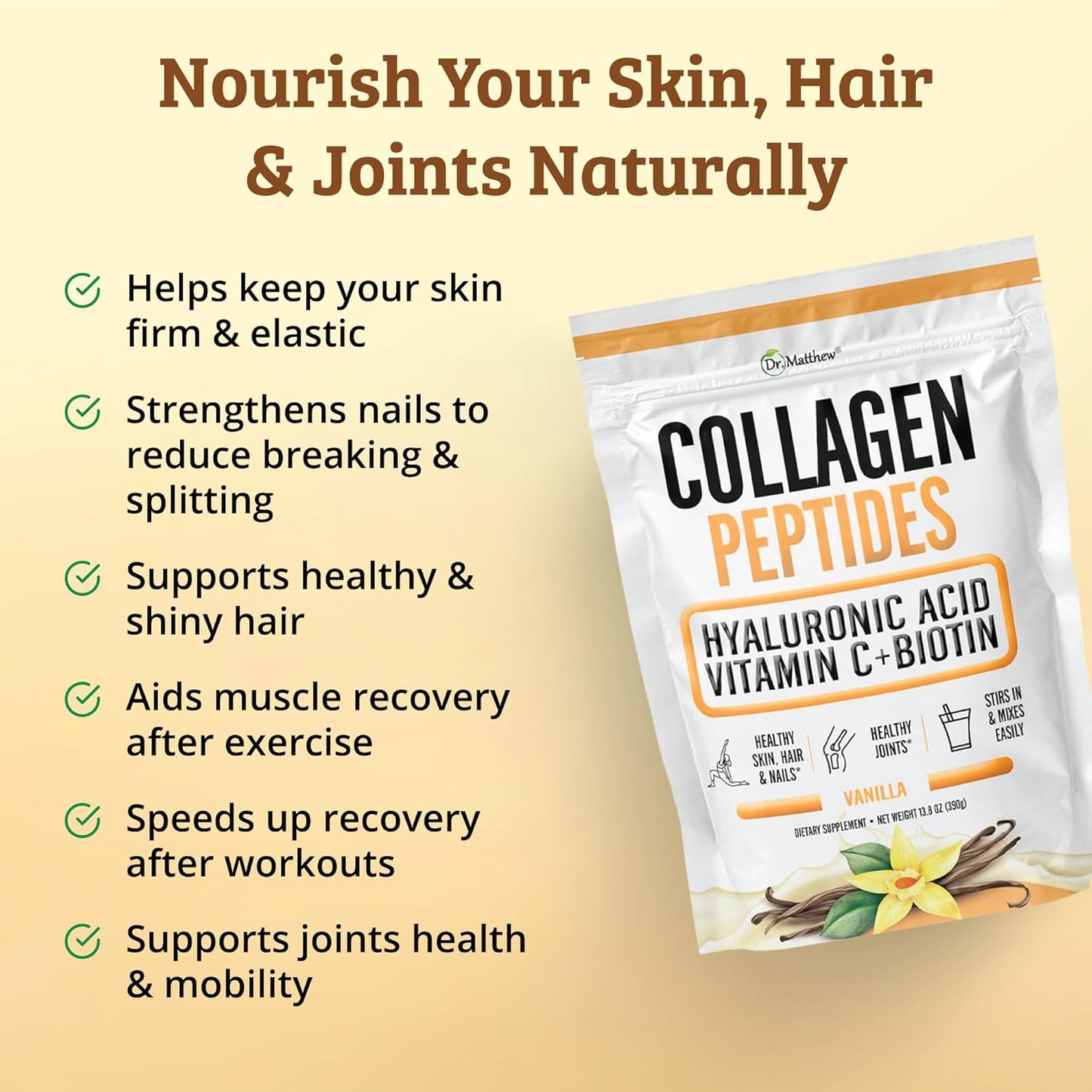 Vanilla Collagen Protein Powder with Hyaluronic Acid, Vitamin C, Biotin - Hair Skin Nails Joint Support - Keto-Friendly, Type 1 & 3