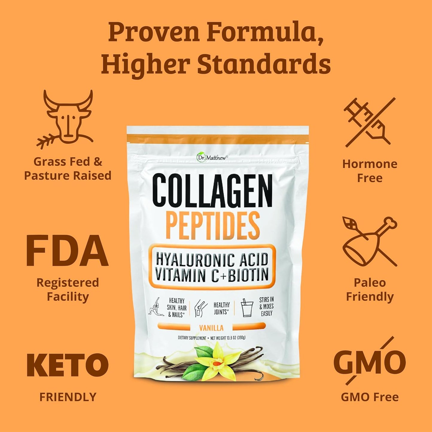 Vanilla Collagen Protein Powder with Hyaluronic Acid, Vitamin C, Biotin - Hair Skin Nails Joint Support - Keto-Friendly, Type 1 & 3