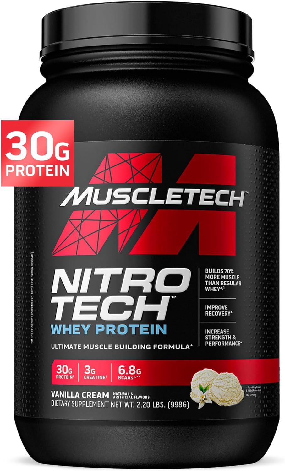 Vanilla Cream Muscletech Nitro-Tech Whey Protein Powder - Muscle Building Formula with 30g Protein, 3g Creatine, and 6.6g BCAA - 2.2 Pound