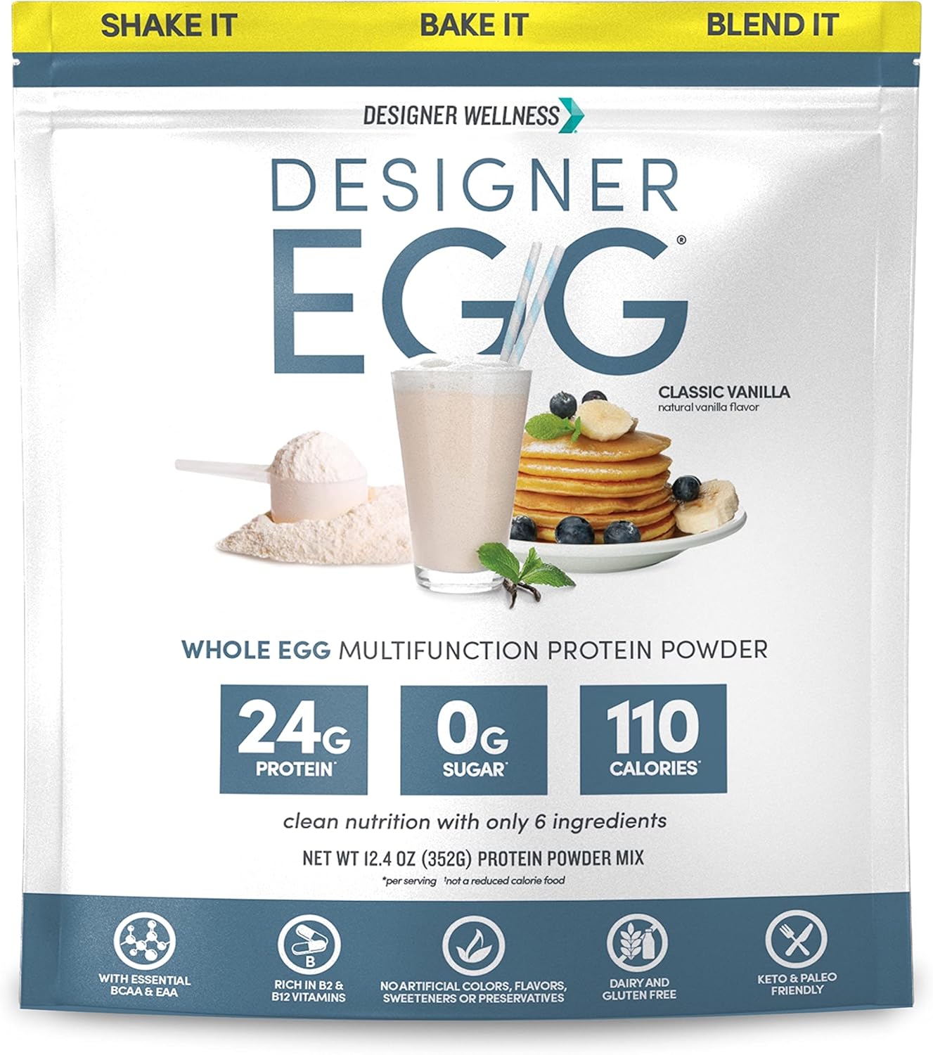 Vanilla Designer Wellness Egg Yolk & Egg White Protein Powder - Keto & Paleo Friendly, Low Calorie, Less Fat & Cholesterol - 12.4 oz