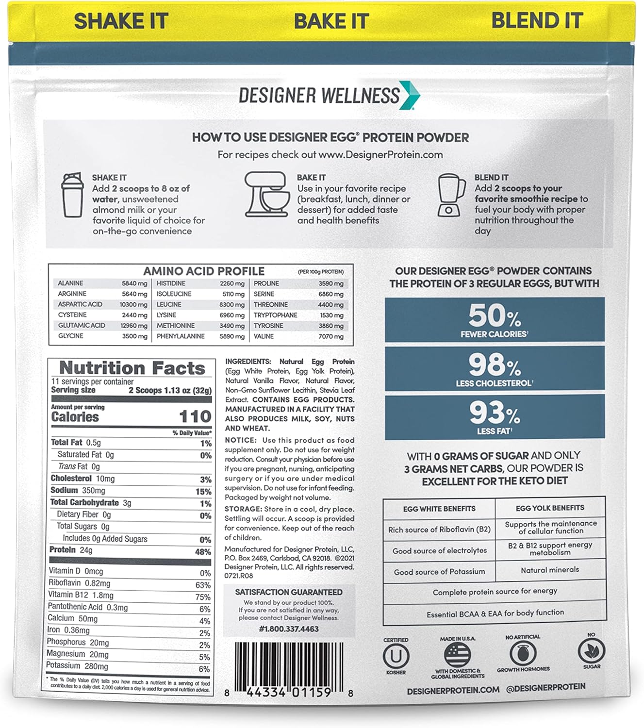 Vanilla Designer Wellness Egg Yolk & Egg White Protein Powder - Keto & Paleo Friendly, Low Calorie, Less Fat & Cholesterol - 12.4 oz