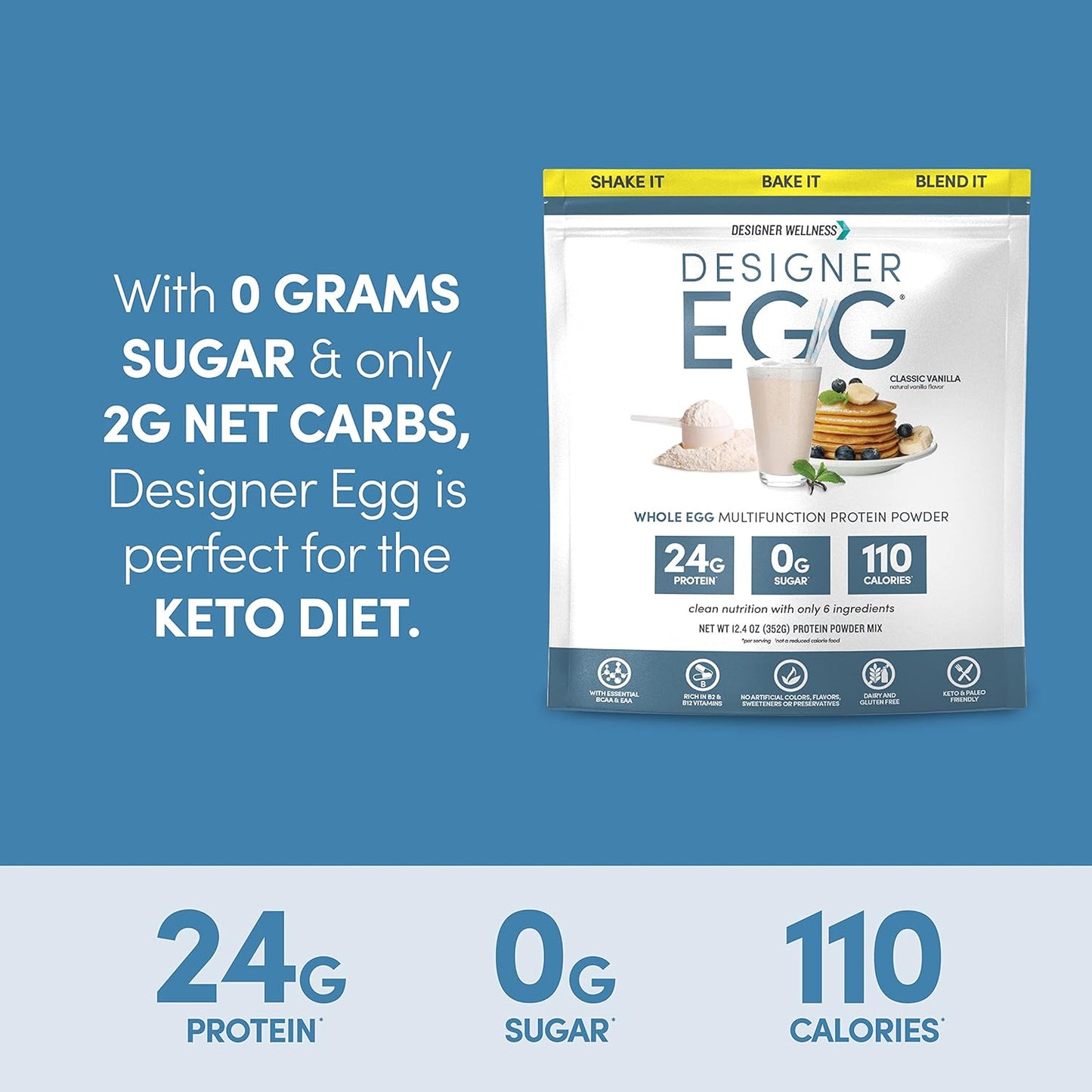 Vanilla Designer Wellness Egg Yolk & Egg White Protein Powder - Keto & Paleo Friendly, Low Calorie, Less Fat & Cholesterol - 12.4 oz
