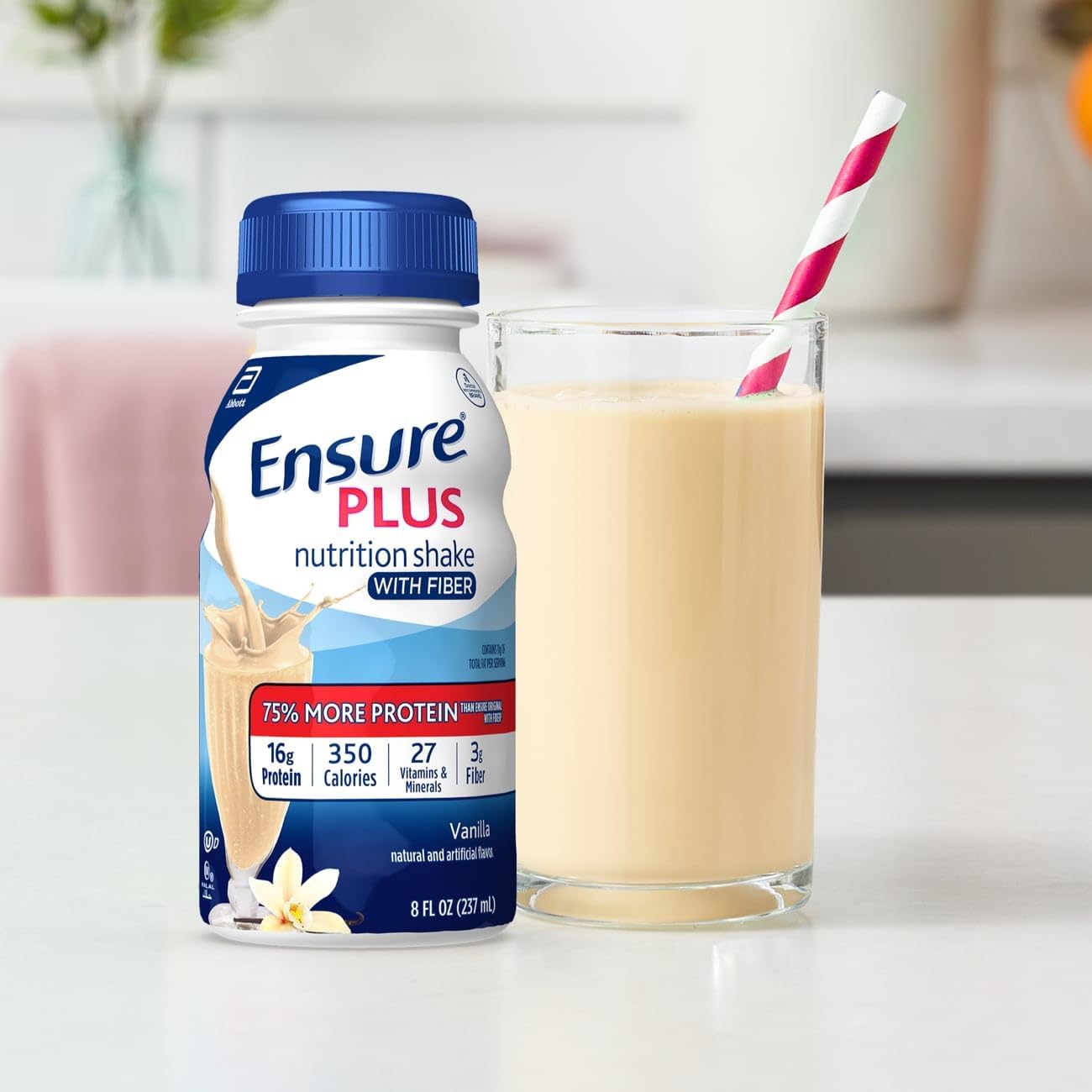 Vanilla Ensure Plus Nutrition Shake with Fiber - 24 Pack, 16g Protein, 27 Vitamins & Minerals, Ready-to-Drink Meal Replacement