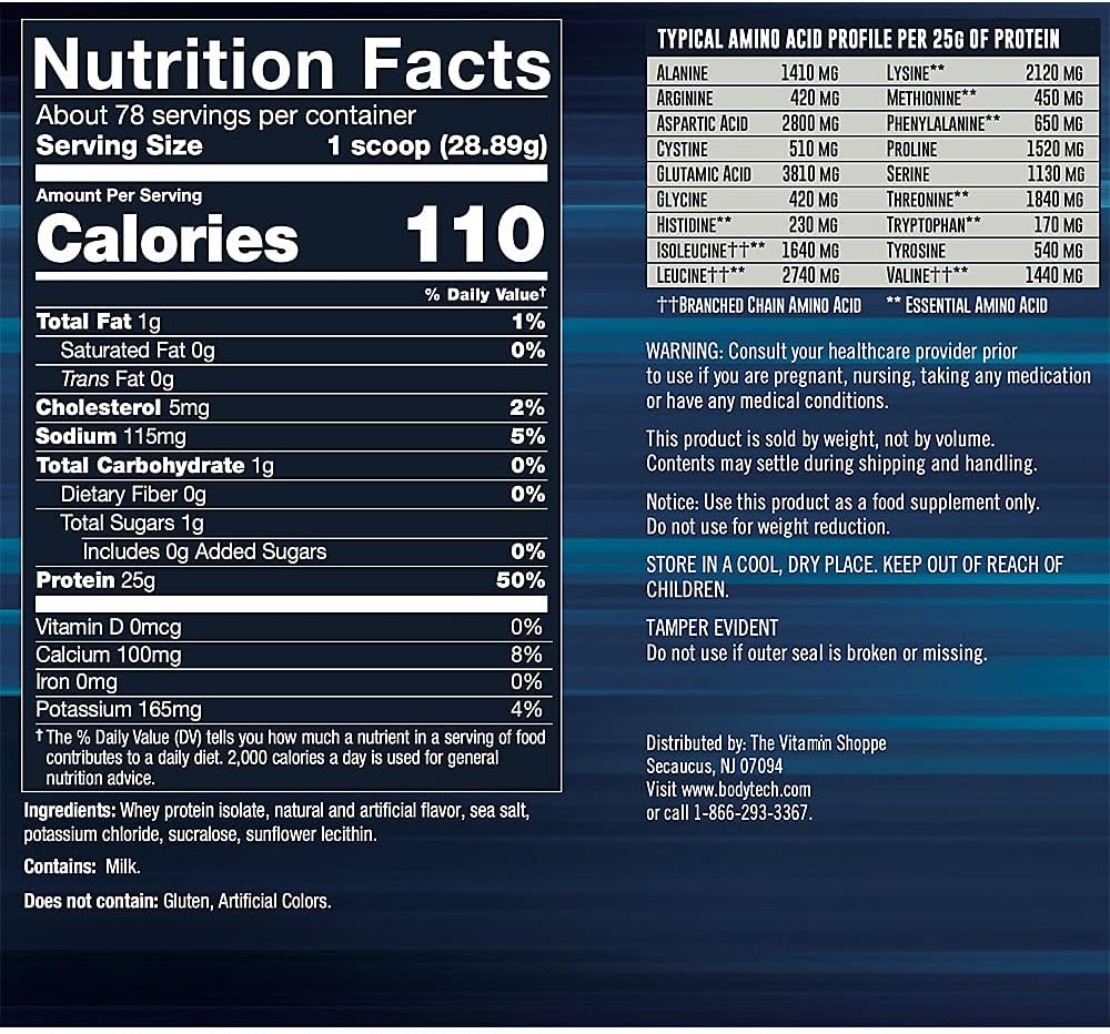 Vanilla Flavored BodyTech Whey Protein Isolate Powder - 25g Protein & BCAA's - Post-Workout Muscle Growth - 5lb