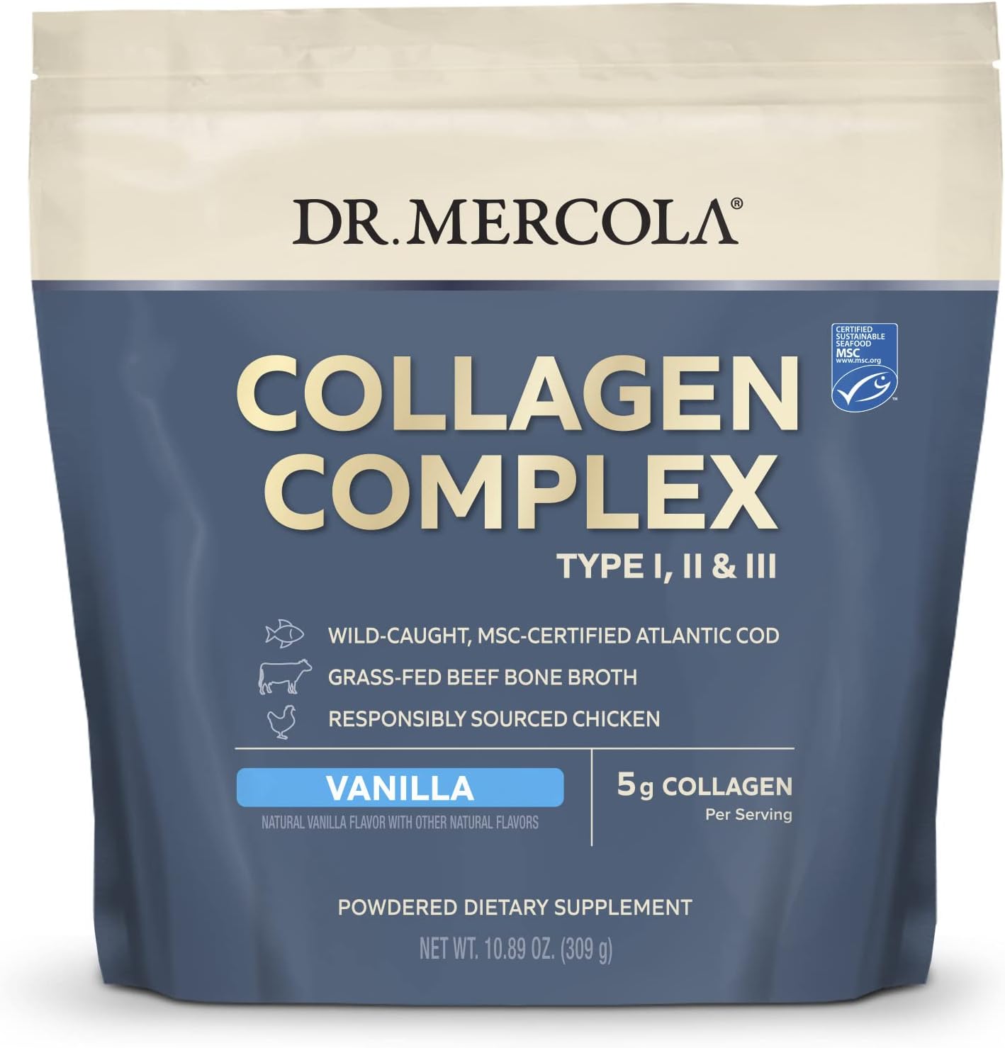 Vanilla Flavored Collagen Complex Powder - 30 Servings, Supports Skin Health, Non-GMO, MSC Certified