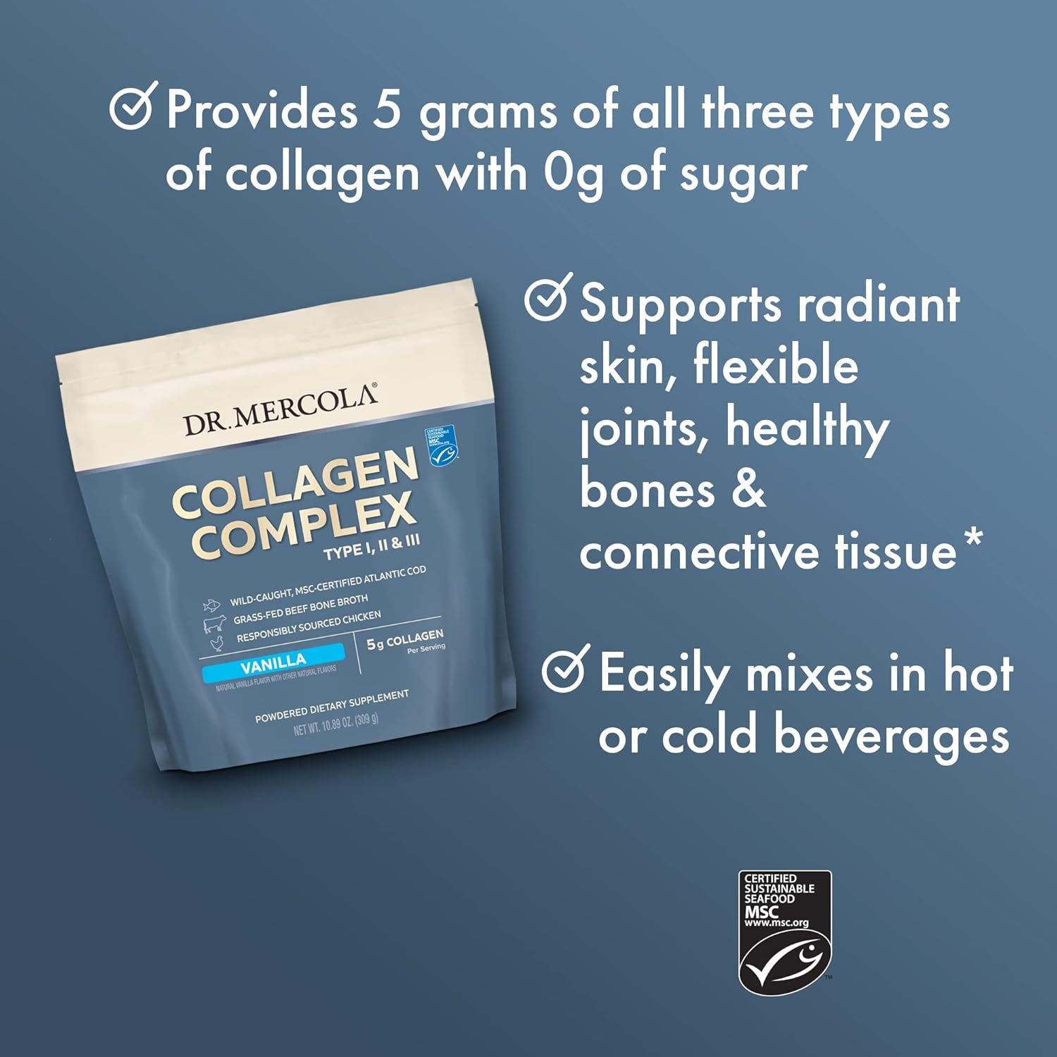 Vanilla Flavored Collagen Complex Powder - 30 Servings, Supports Skin Health, Non-GMO, MSC Certified