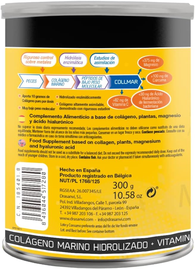 Vanilla Flavored Drasanvi COLLMAR Hydrolyzed Collagen Powder with Magnesium & Turmeric for Muscle Growth - Gluten Free