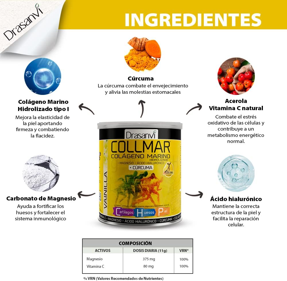 Vanilla Flavored Drasanvi COLLMAR Hydrolyzed Collagen Powder with Magnesium & Turmeric for Muscle Growth - Gluten Free