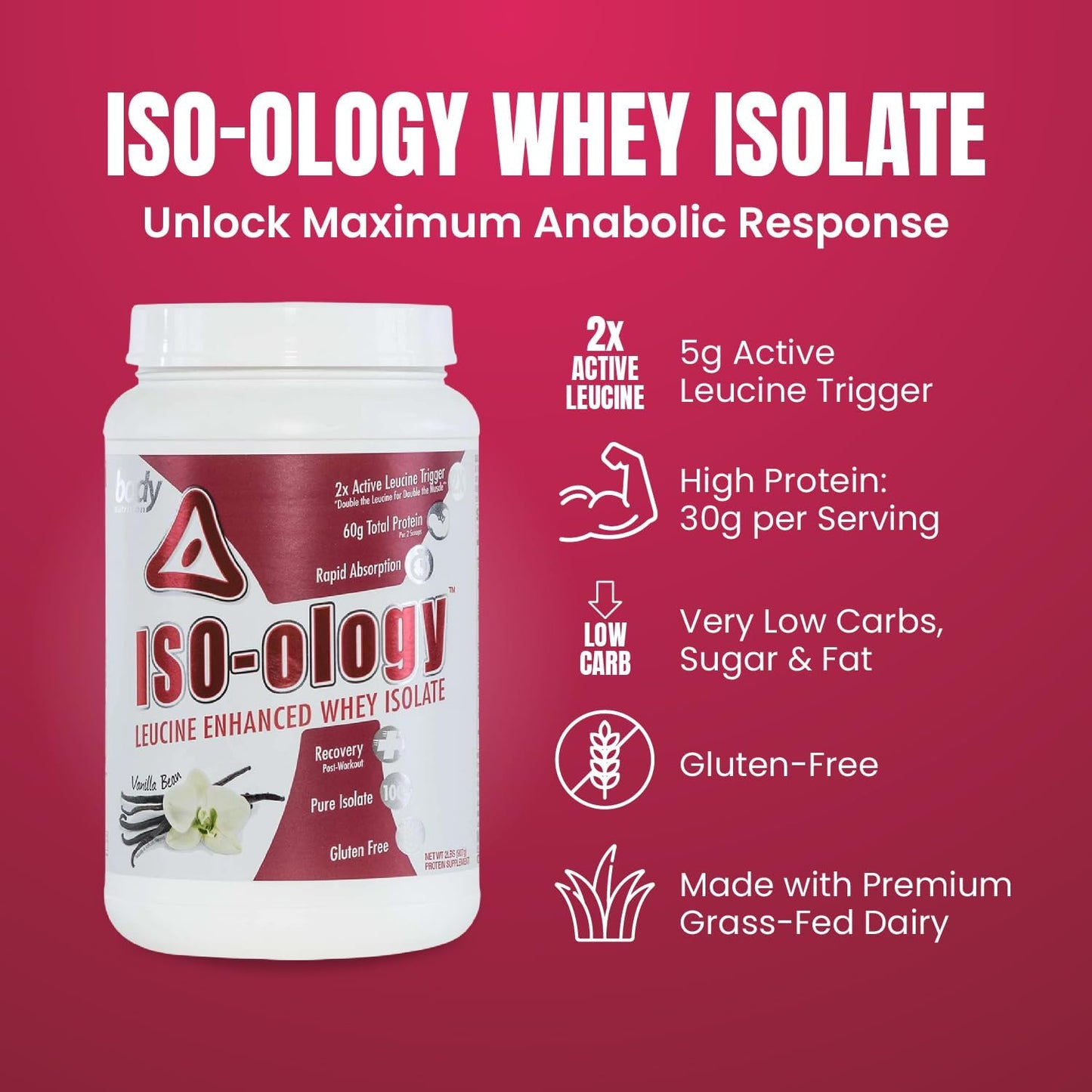 Vanilla Flavored Grass Fed Whey Isolate Protein Powder with Leucine for Post-Workout Recovery - 2lb