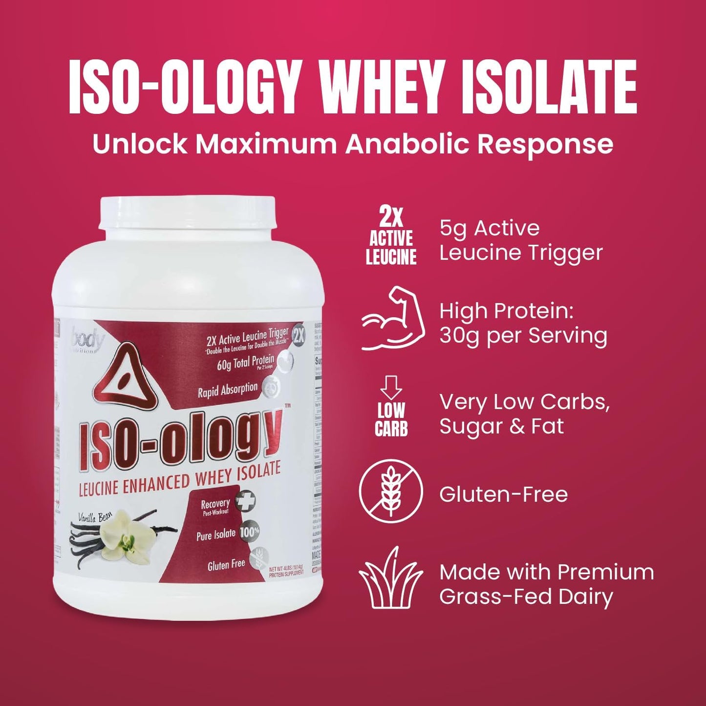 Vanilla Flavored Grass Fed Whey Isolate Protein Powder with Leucine for Post-Workout Recovery - 4lb