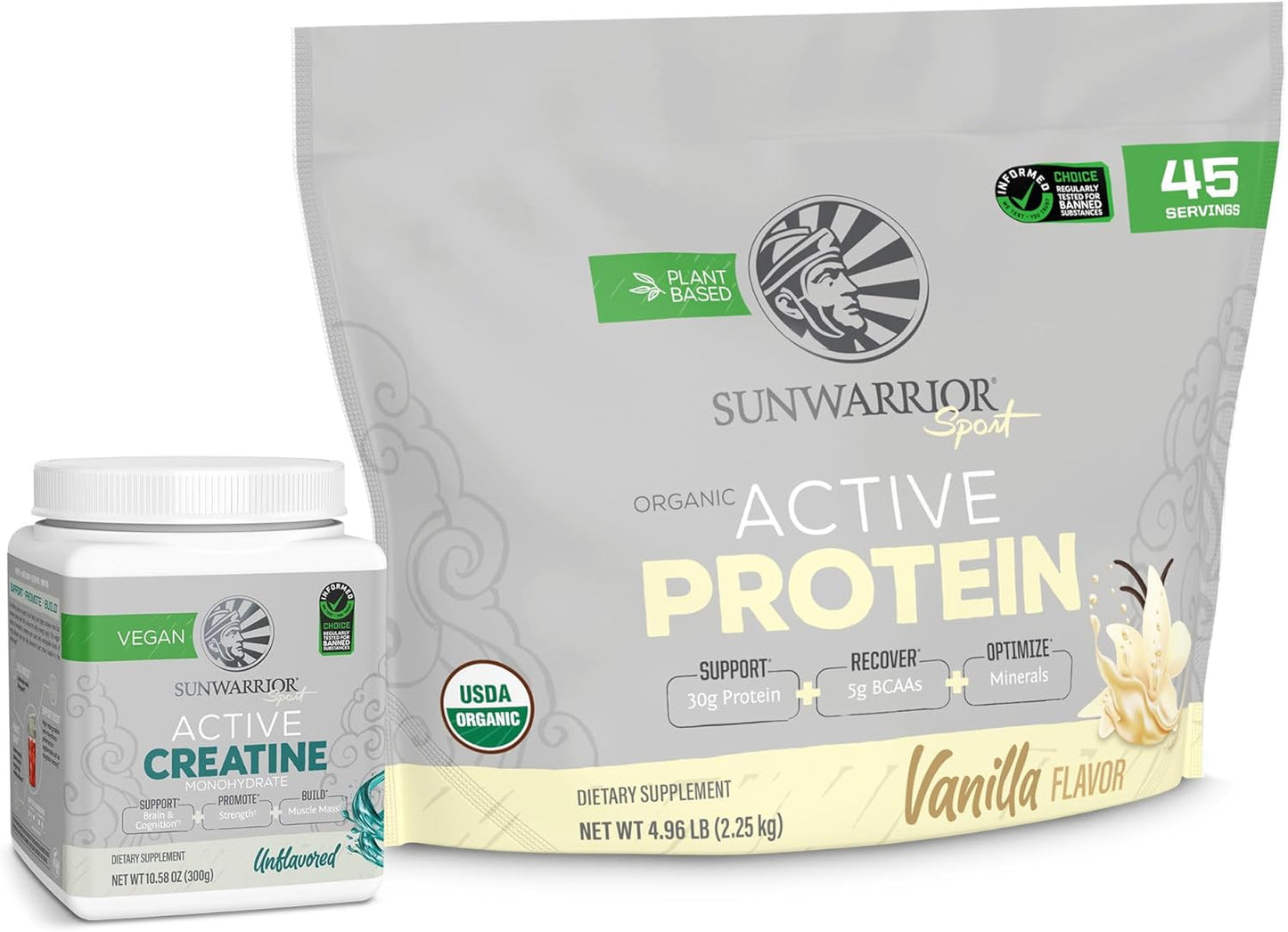 Vanilla Flavored Plant-Based Protein Powder with Creatine Monohydrate - 45 Servings Protein, 60 Servings Creatine