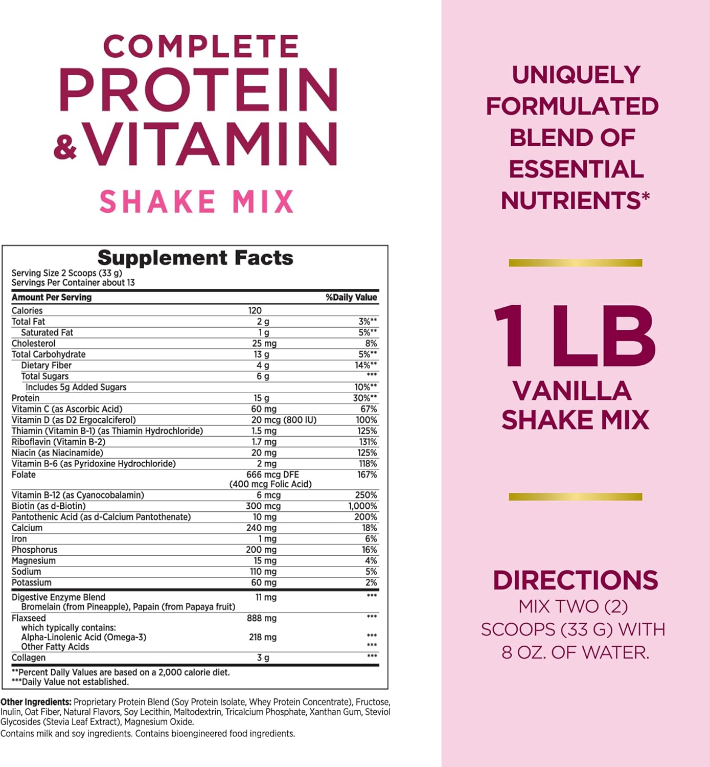 Vanilla Flavored Protein Shake Mix with Collagen, Fiber, & Vitamin C - 16 Oz