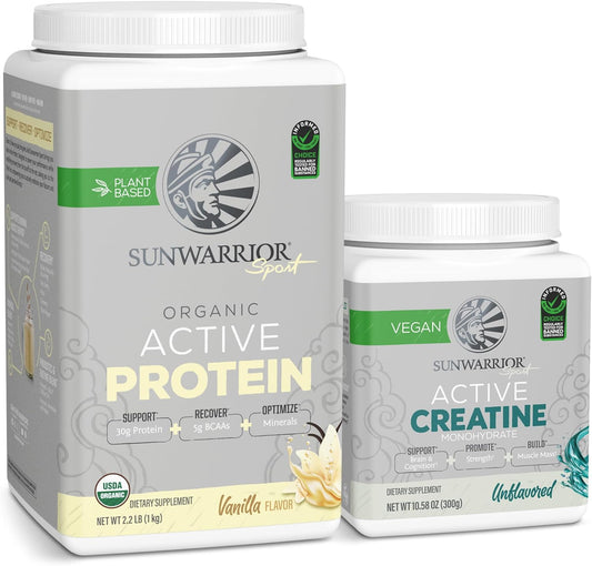 Vanilla Flavored Sunwarrior Plant-Based Active Protein Powder & Creatine Monohydrate Powder Bundle for Muscle Support