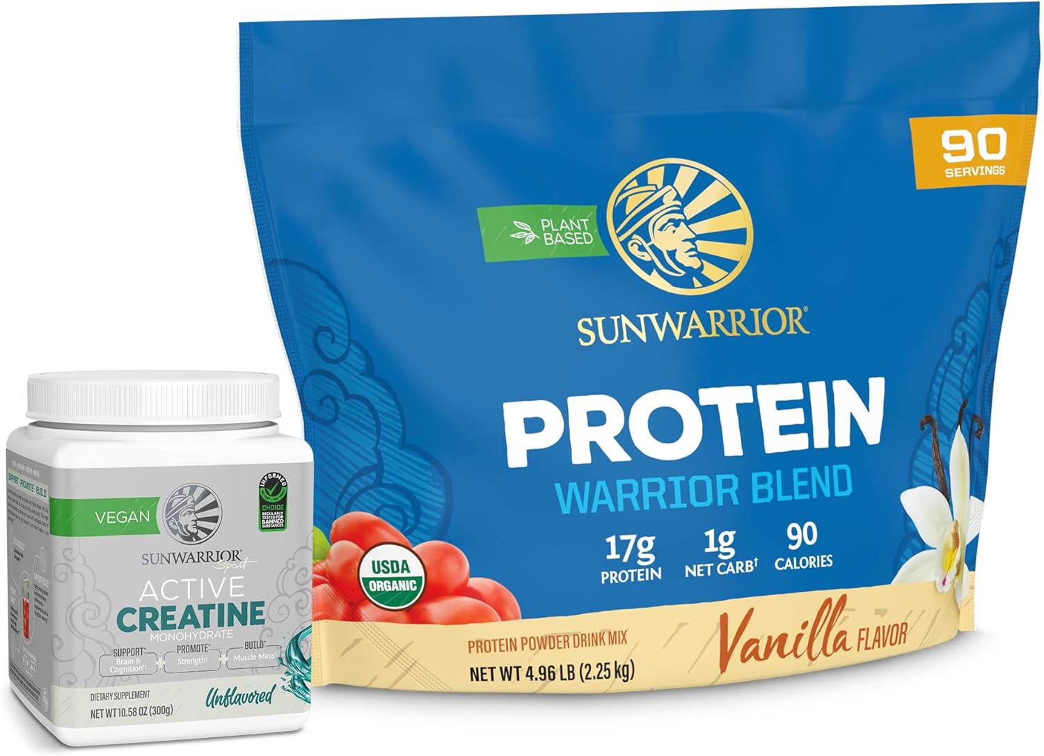 Vanilla Flavored Sunwarrior Vegan Protein Powder with 90 Servings + Creatine Monohydrate Powder 60 Servings