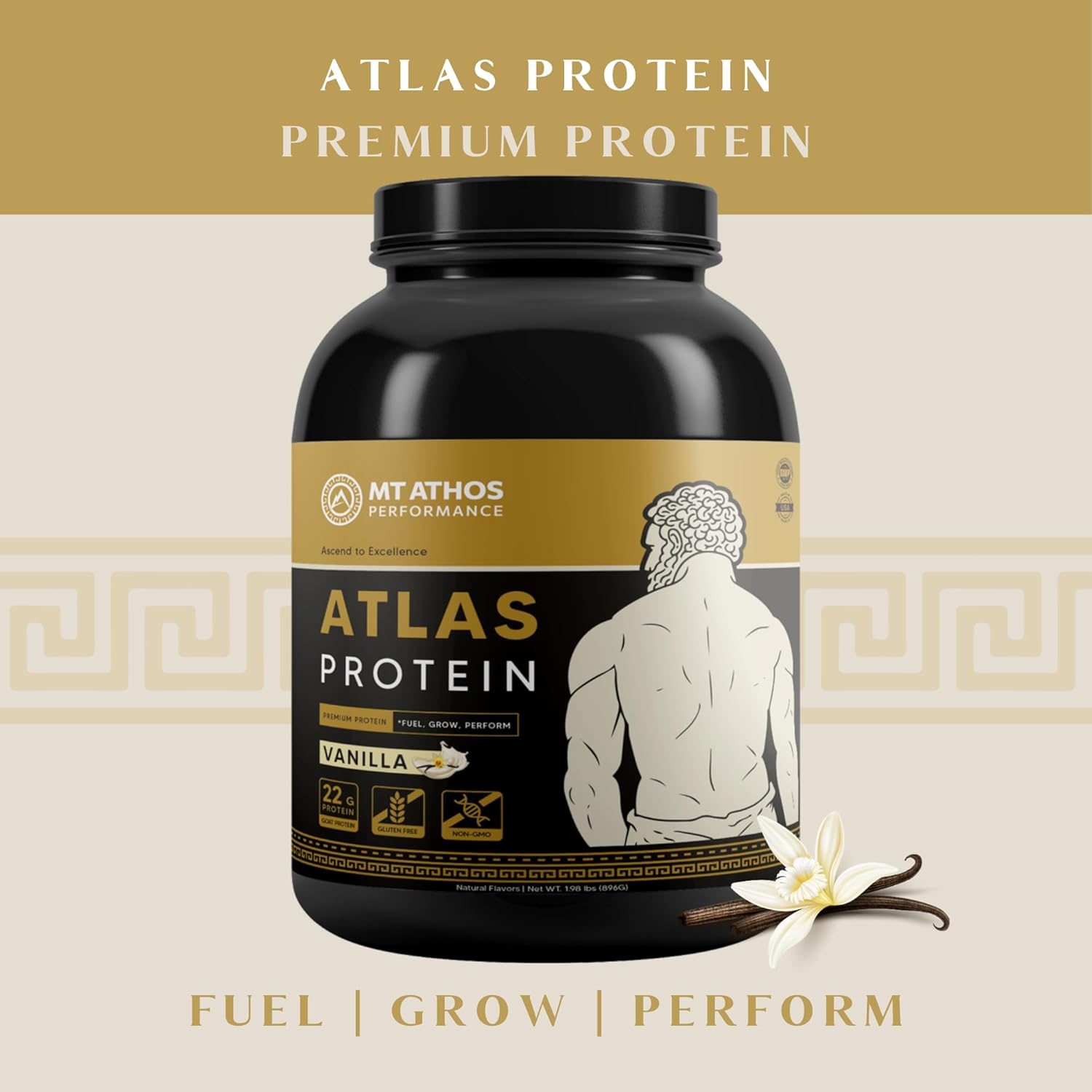 Vanilla Goat Milk Whey Protein Powder with Casein | 22g Protein per Serving | Mt. Athos Performance Atlas | 28 Servings