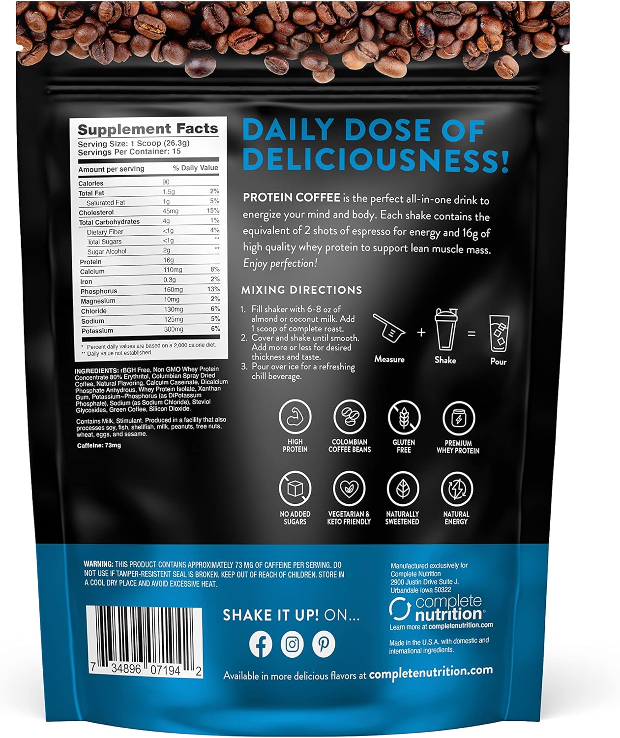 Vanilla Gourmet Coffee Protein with Complete Nutrition - All Natural - 15 Servings