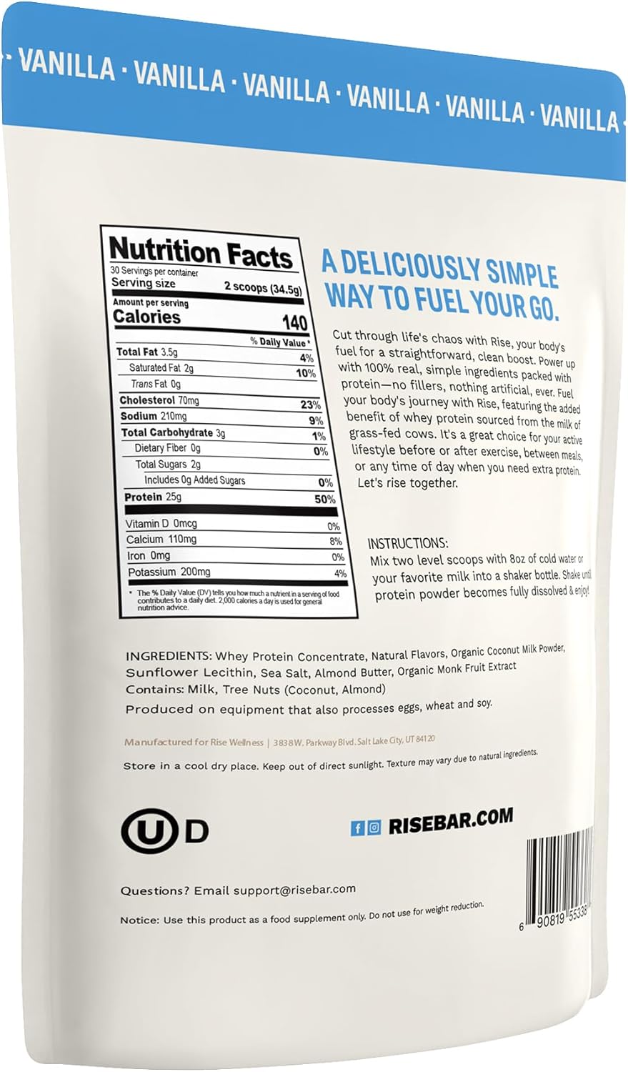 Vanilla Grass-Fed Whey Protein Powder - 25g Protein, No Artificial Additives - Sugar, Gluten, Soy Free - 2.3 lbs