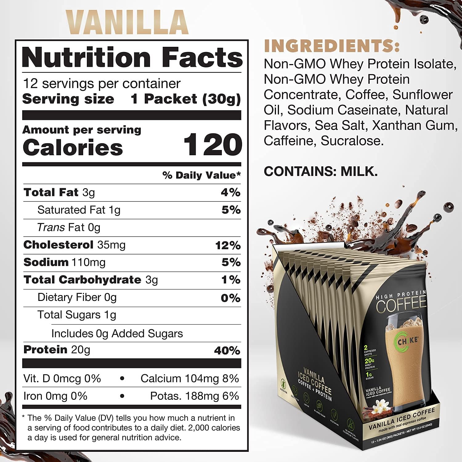 Vanilla High Protein Iced Coffee, 20g Protein, 2 Shots Espresso, Keto & Gluten Free - 12 Packets