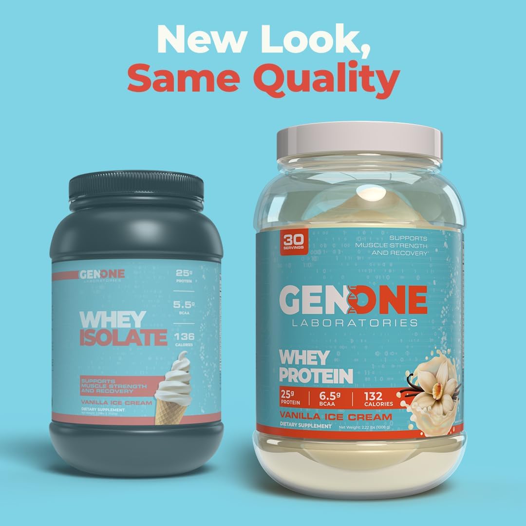 Vanilla Ice Cream Whey Protein Isolate Powder by GenOne Labs - 25g Protein, 6.5g BCAAs, Low Carb, Fast Digesting - 30 Servings, 2.25 LB